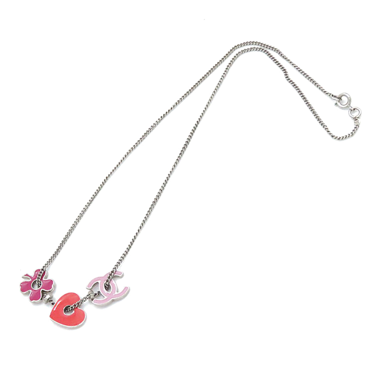 CC Silver Plated Enamel Heart and Clover Charm Pendant Necklace