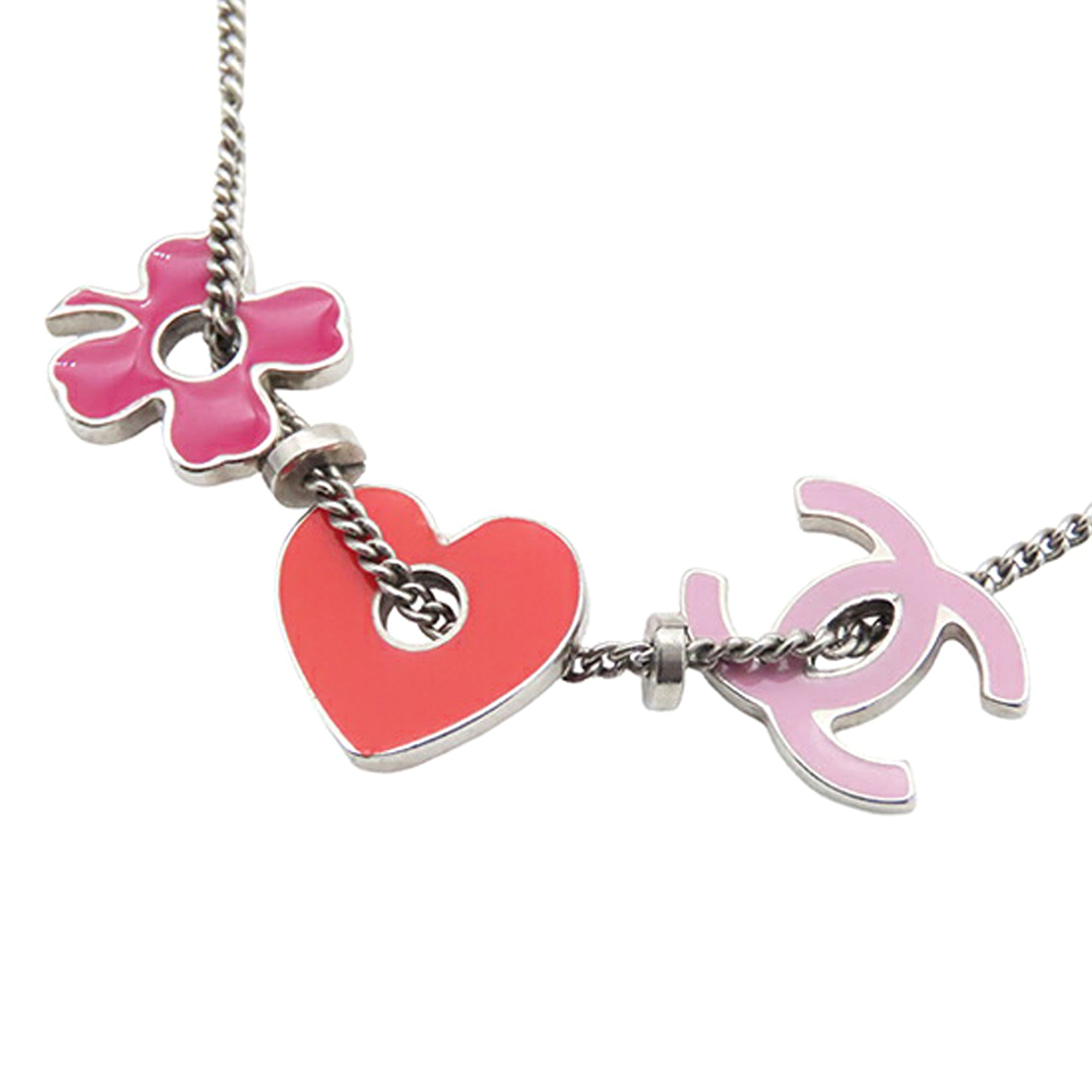 CC Silver Plated Enamel Heart and Clover Charm Pendant Necklace