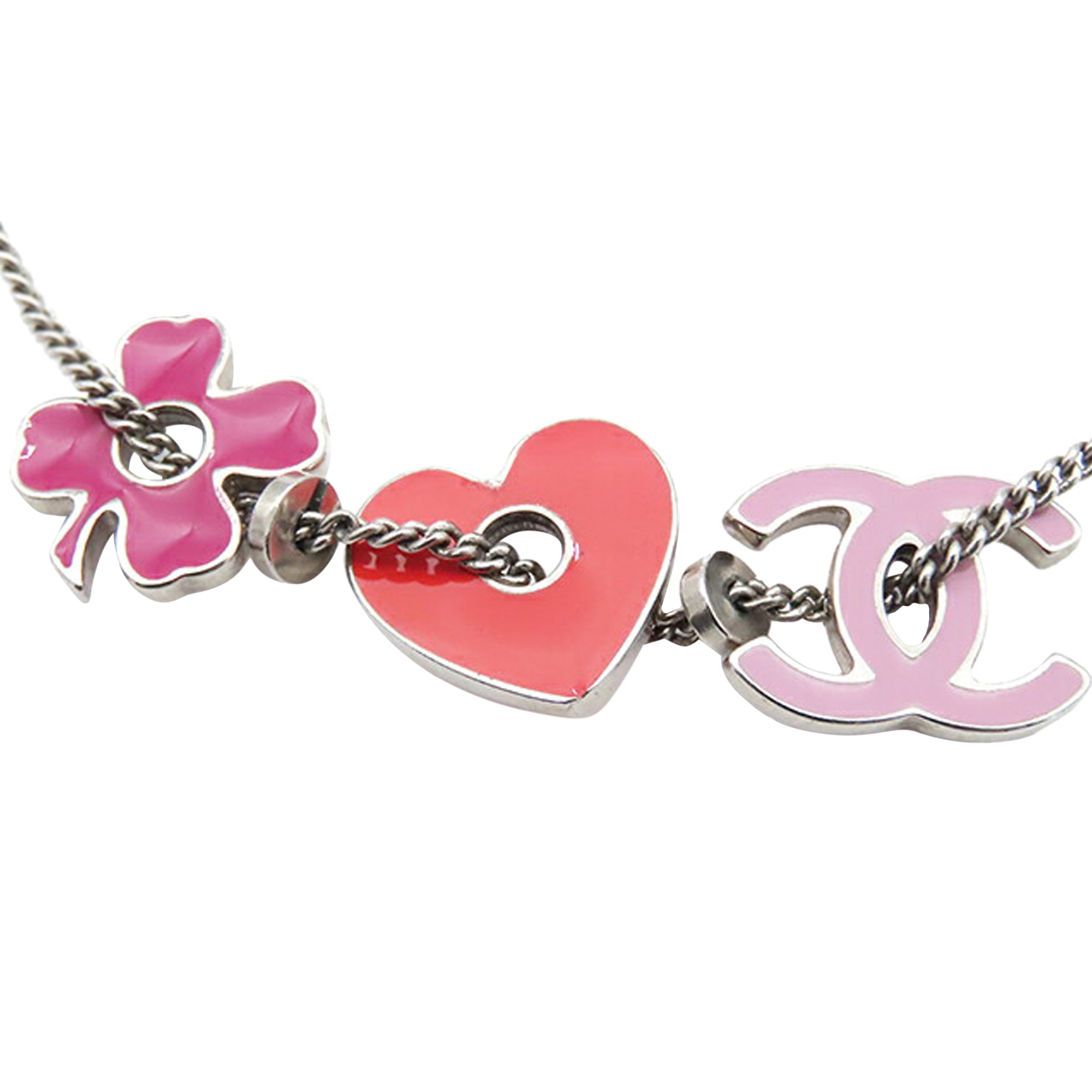 CC Silver Plated Enamel Heart and Clover Charm Pendant Necklace