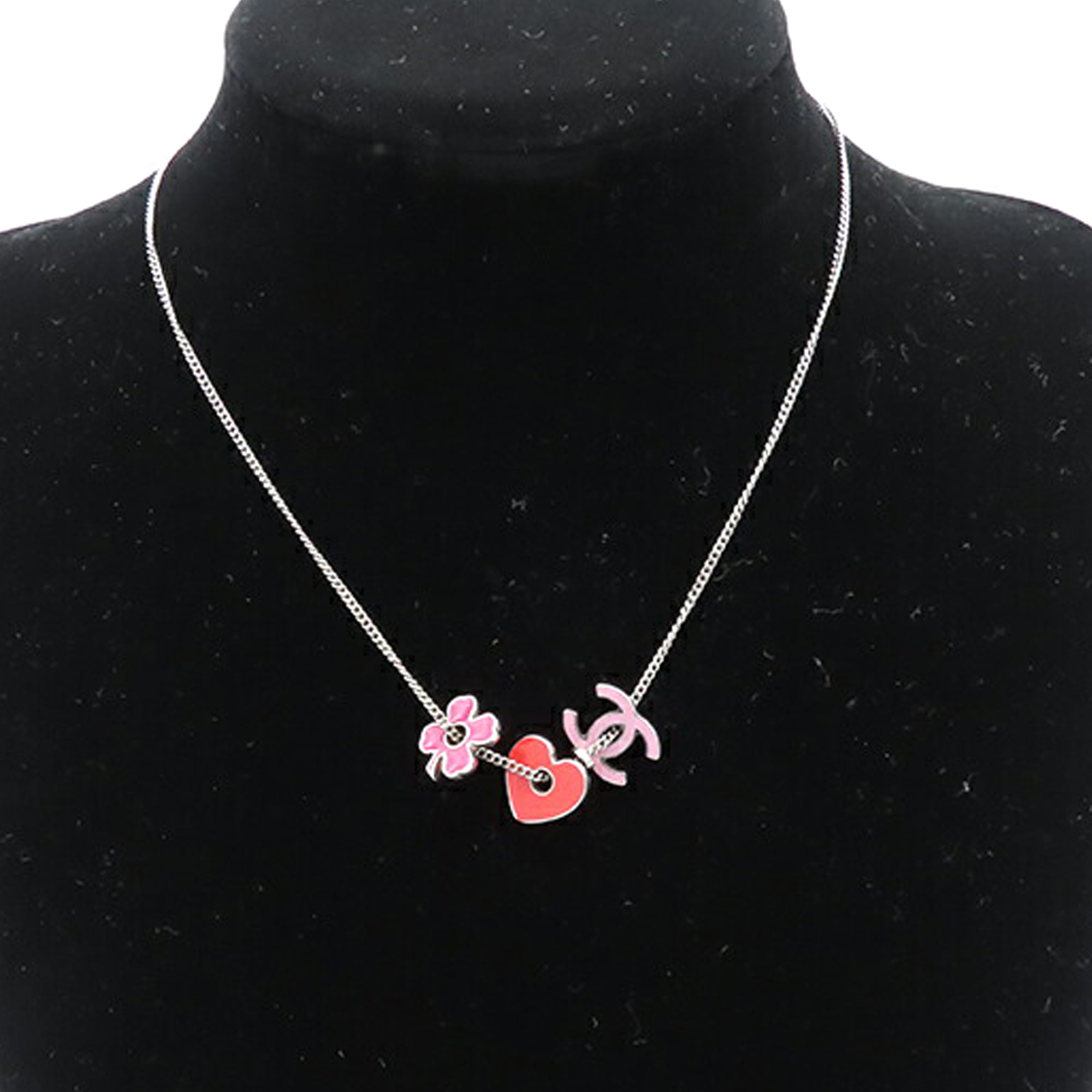 CC Silver Plated Enamel Heart and Clover Charm Pendant Necklace