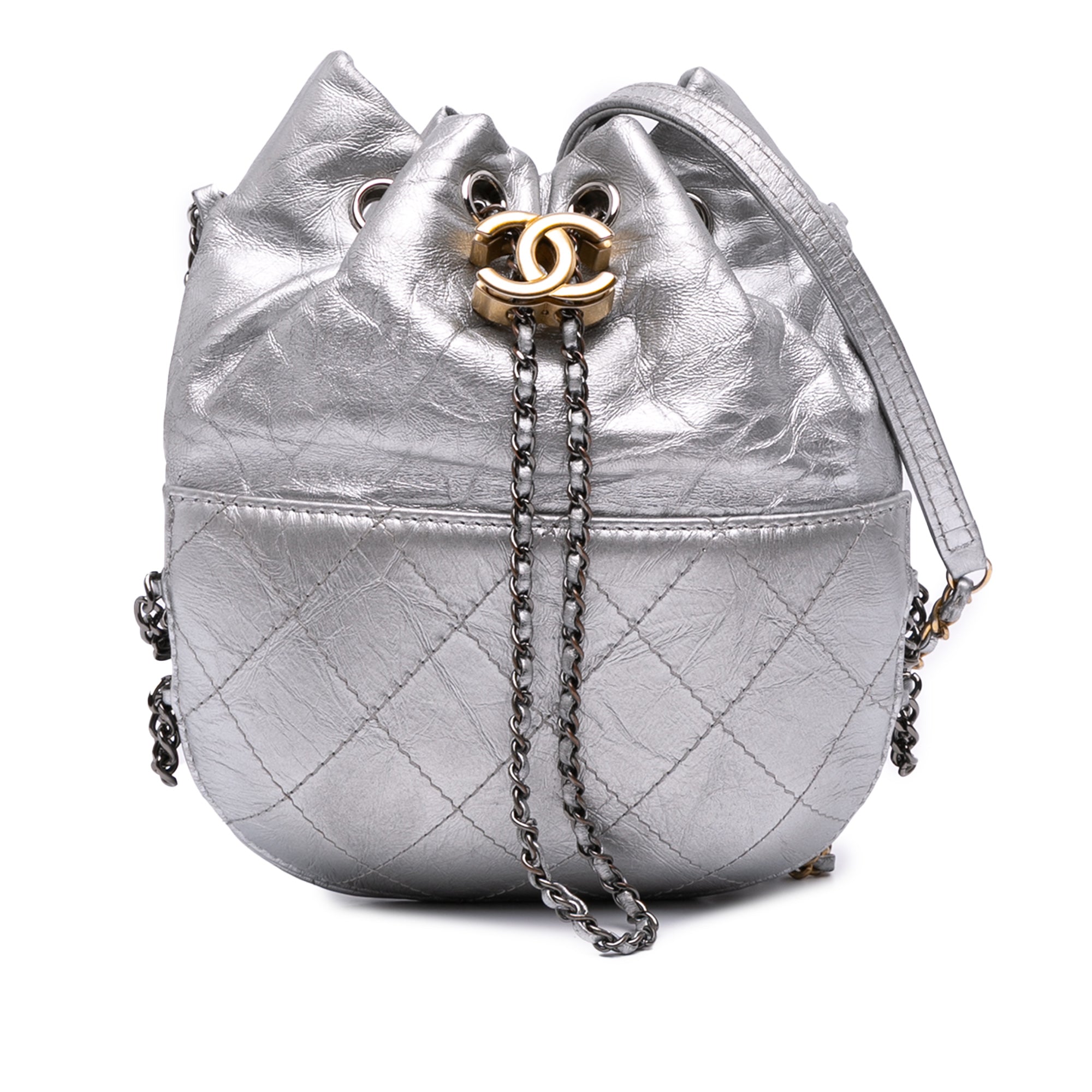 Small Quilted Metallic Aged Calfskin Gabrielle Bucket Bag
