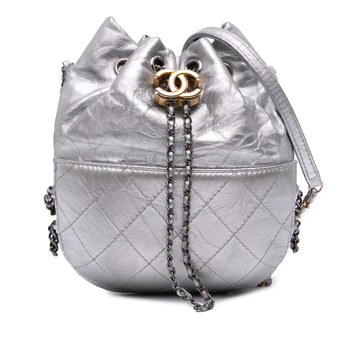 Small Quilted Metallic Aged Calfskin Gabrielle Bucket Bag