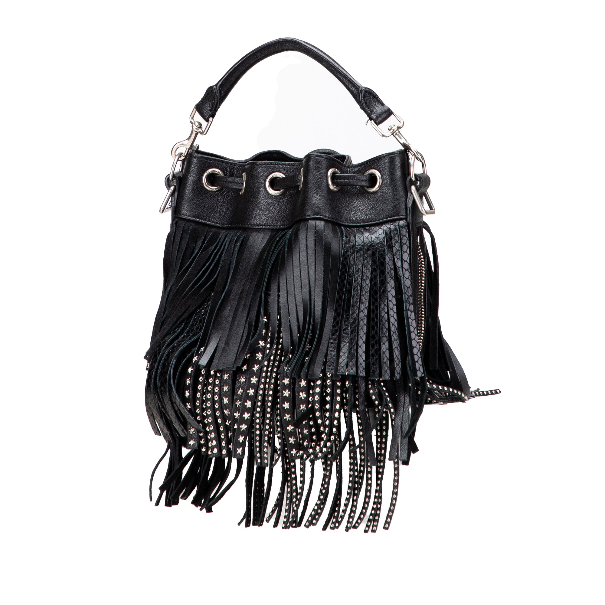 Small Studded Calfskin Emmanuelle Fringe Bucket Bag