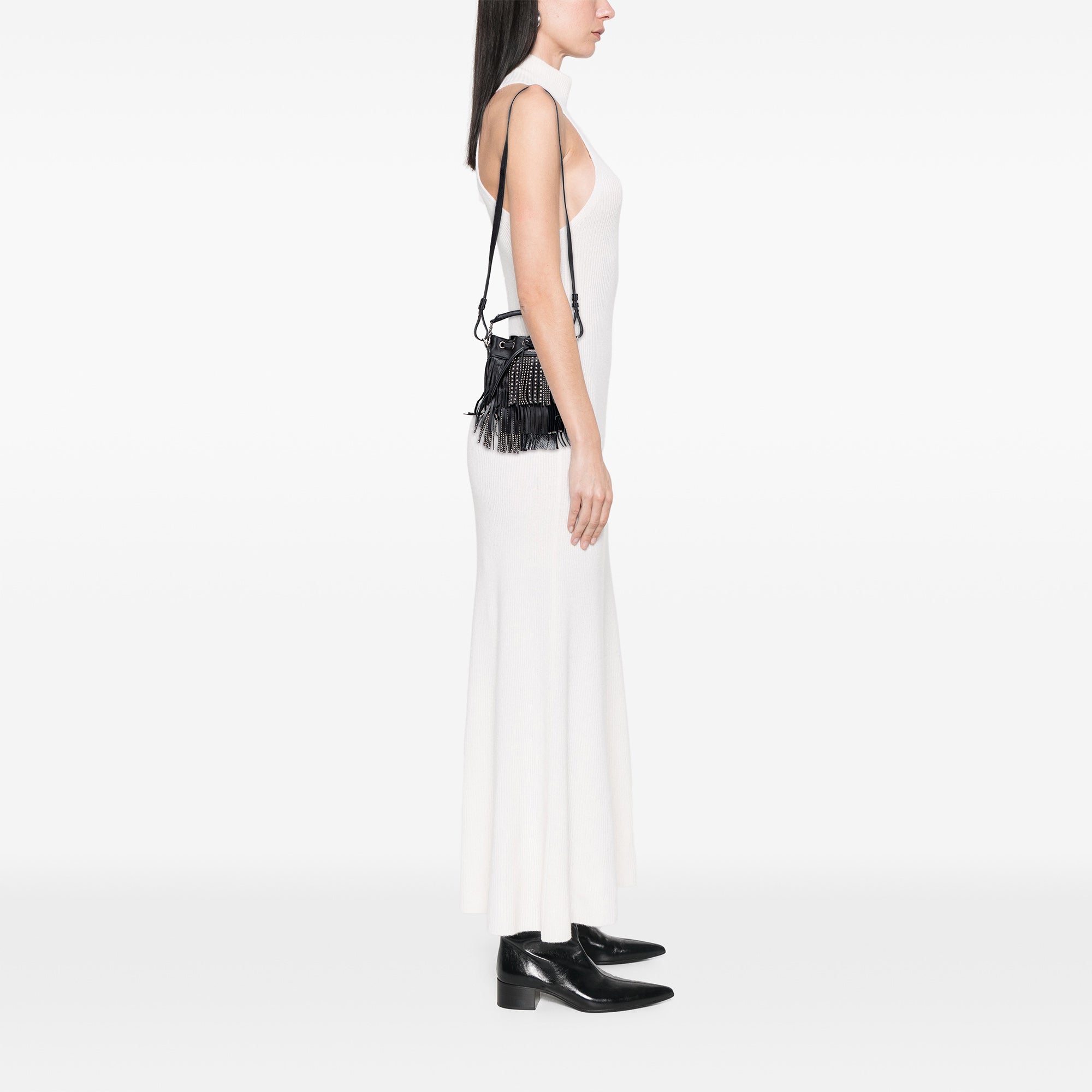 Small Studded Calfskin Emmanuelle Fringe Bucket Bag