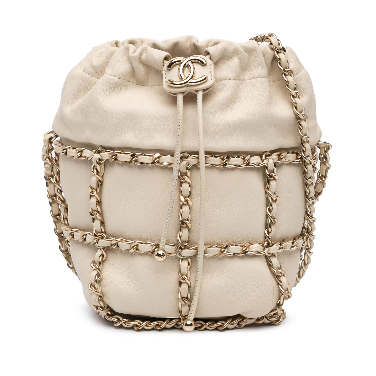 Lambskin CC Chain Frame Drawstring Bucket Bag