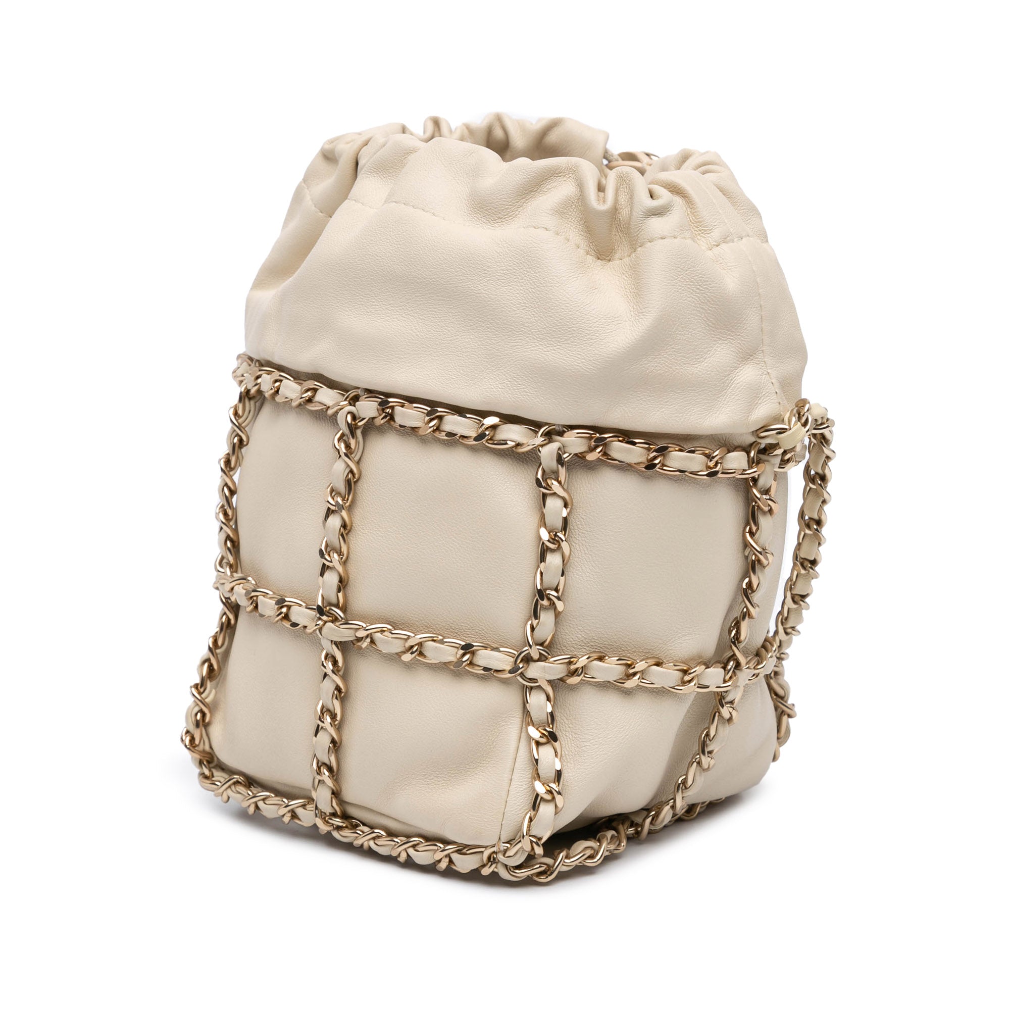 Lambskin CC Chain Frame Drawstring Bucket Bag