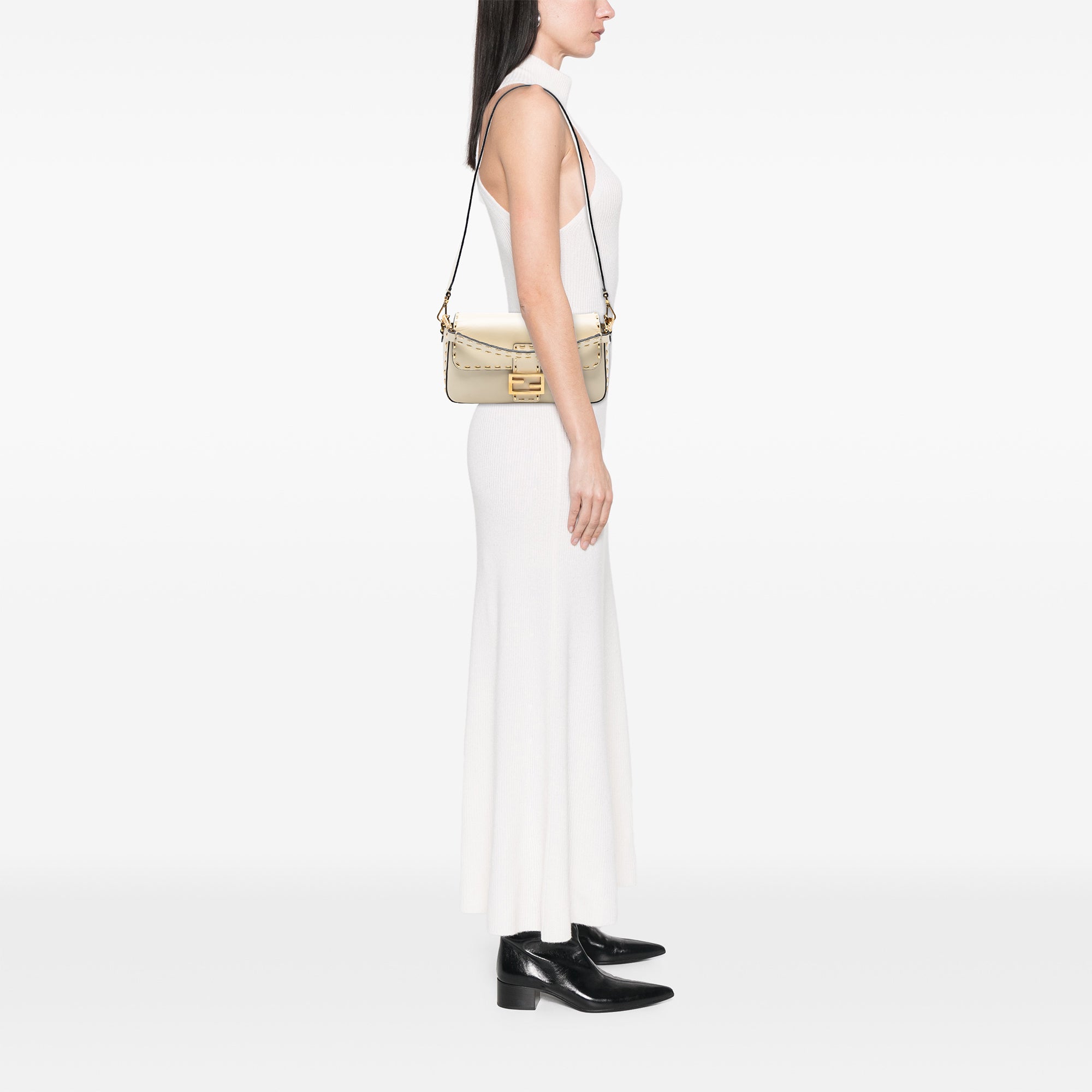 Leather Metal Stitch Baguette Satchel