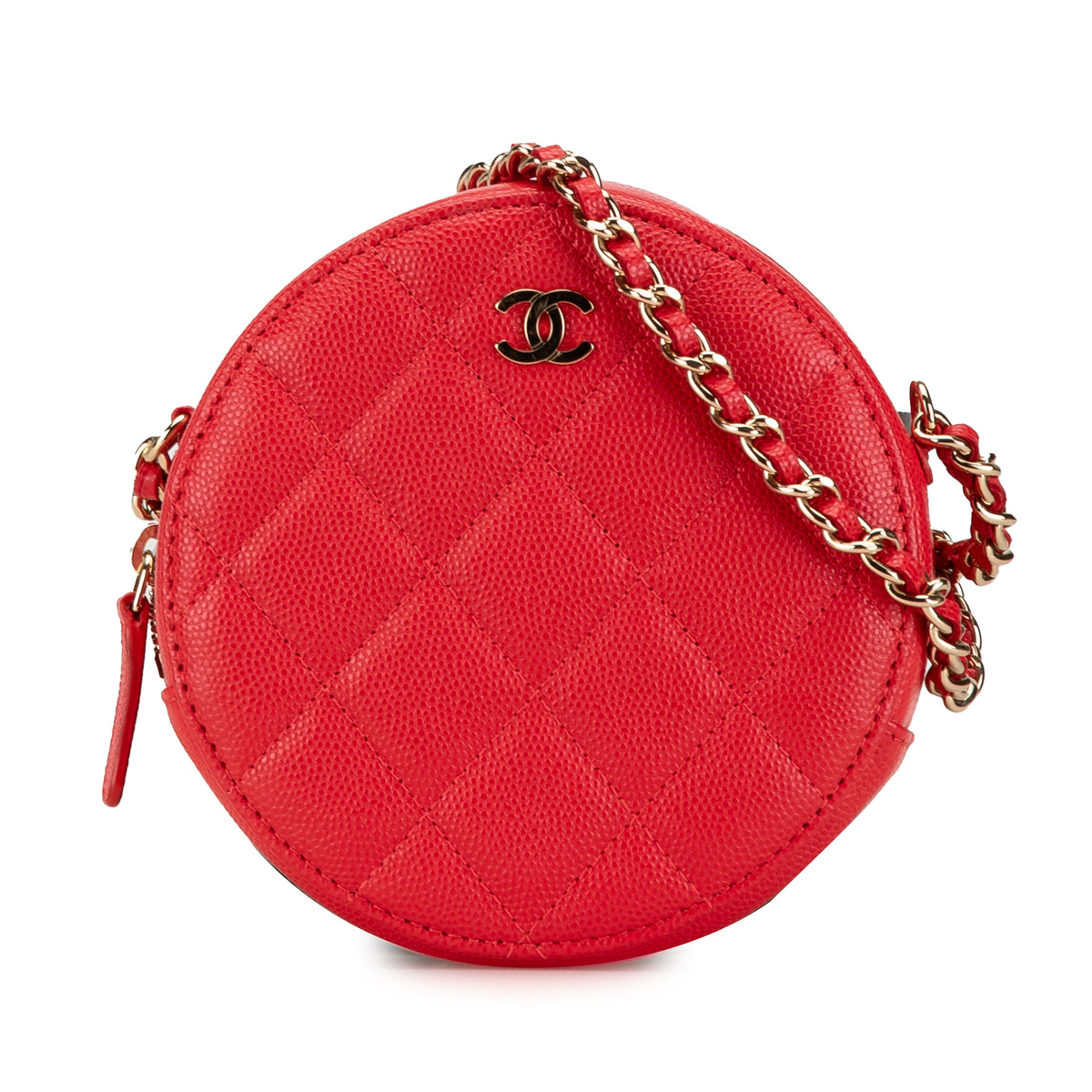 Quilted Caviar Round Clutch With Chain