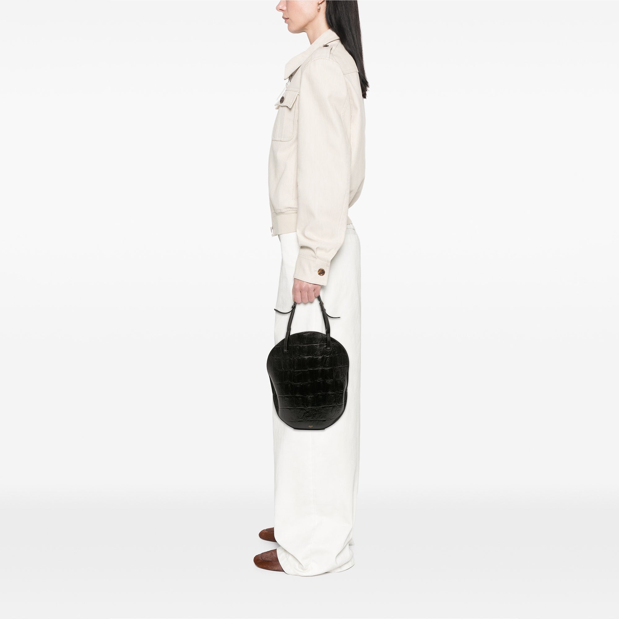 Croc Embossed Leather Curved Shoulder Bag