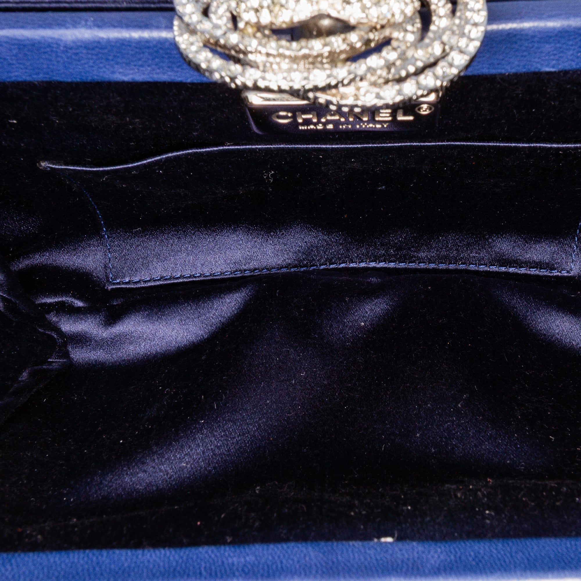 Satin Crystal Camellia Evening Frame Clutch
