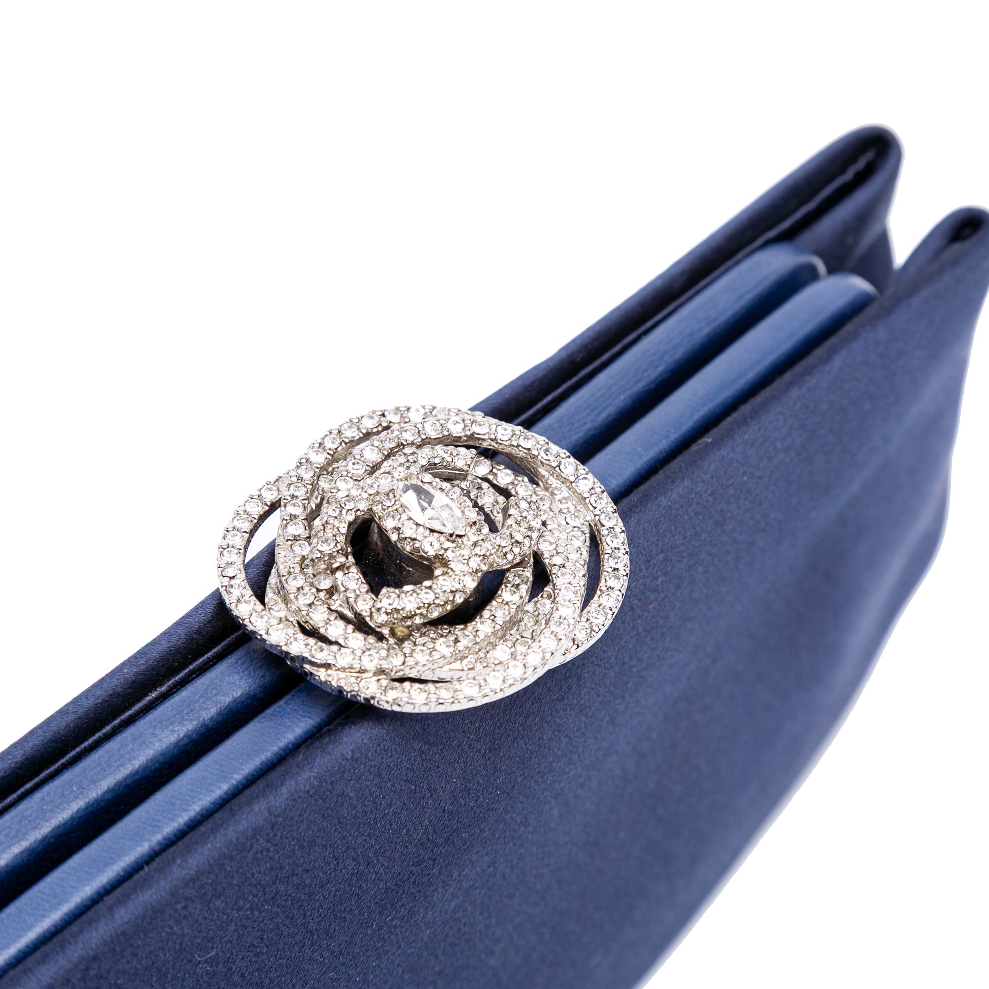 Satin Crystal Camellia Evening Frame Clutch