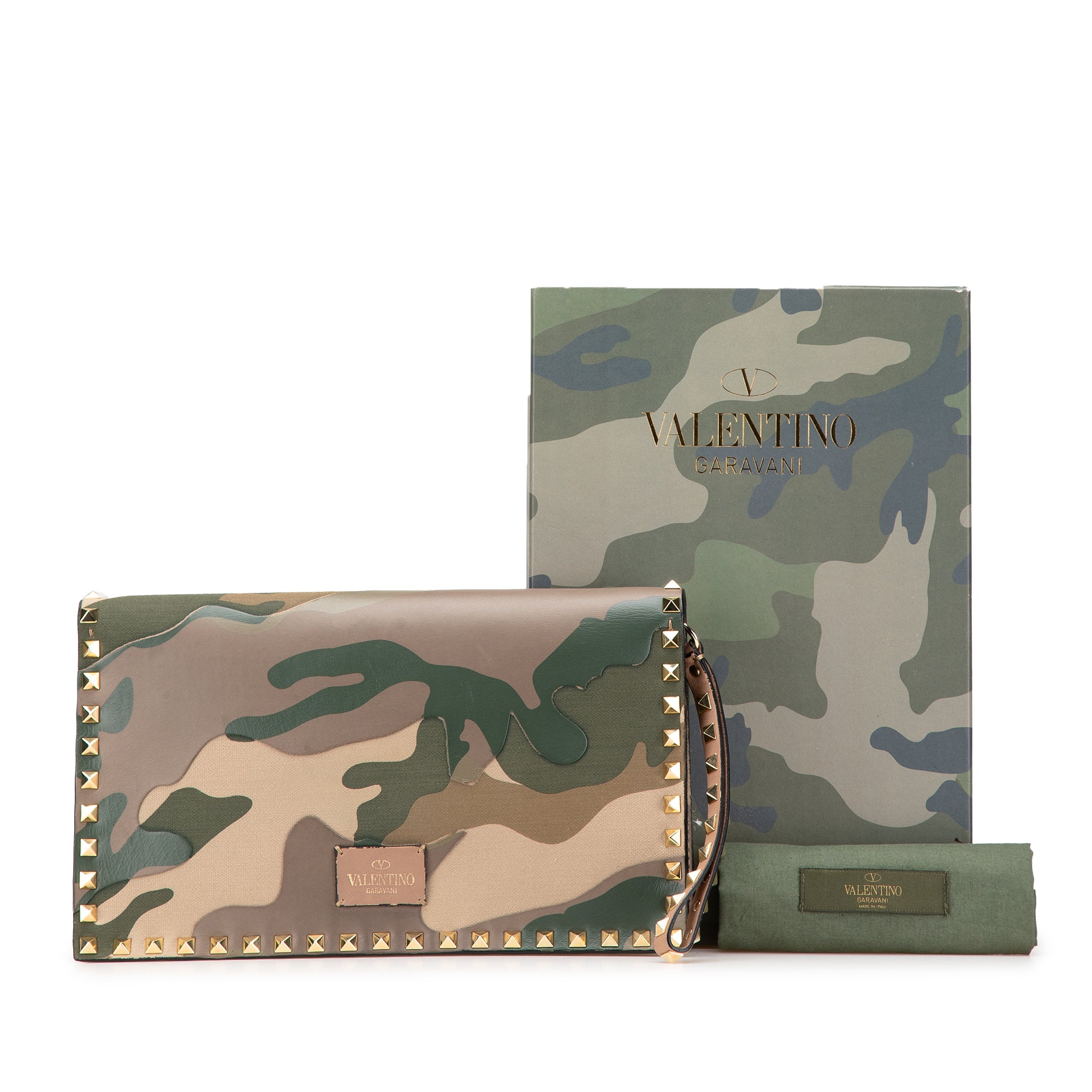 Canvas and Nappa Camouflage Rockstud Wristlet Clutch
