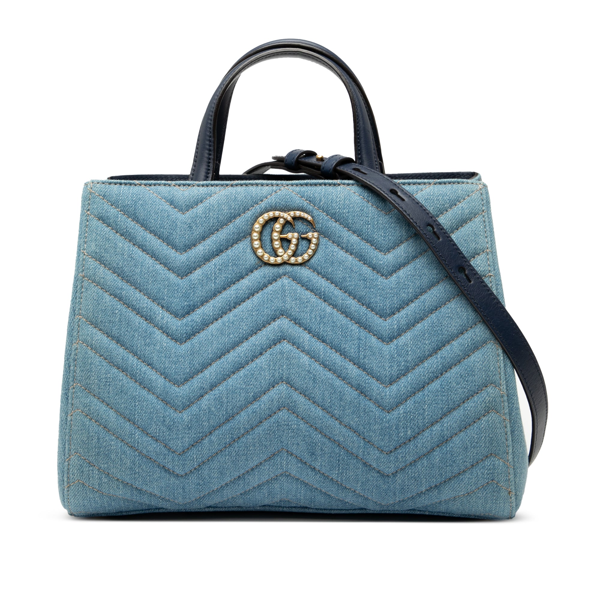 Small GG Marmont Matelasse Denim Pearly Satchel