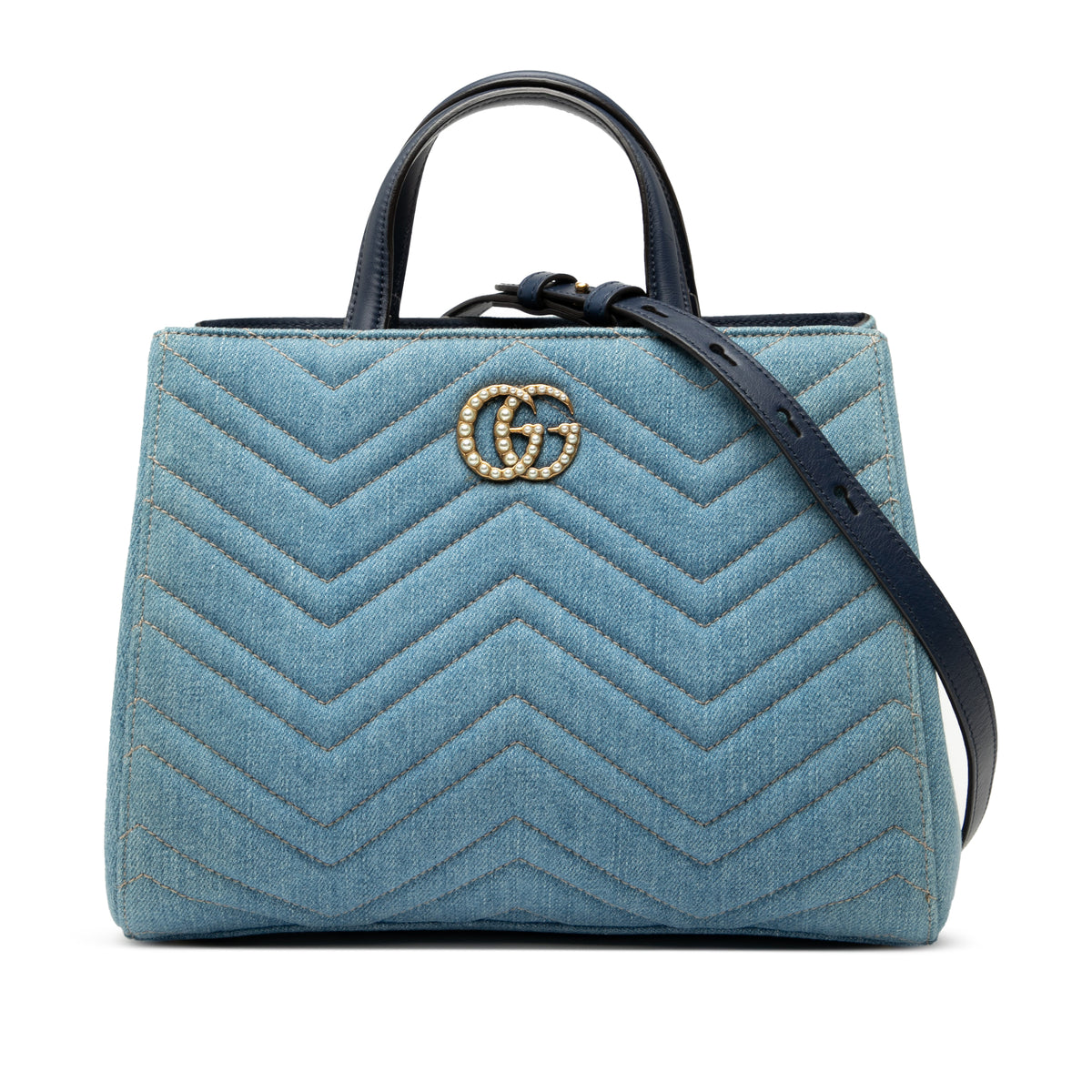 Small GG Marmont Matelasse Denim Pearly Satchel