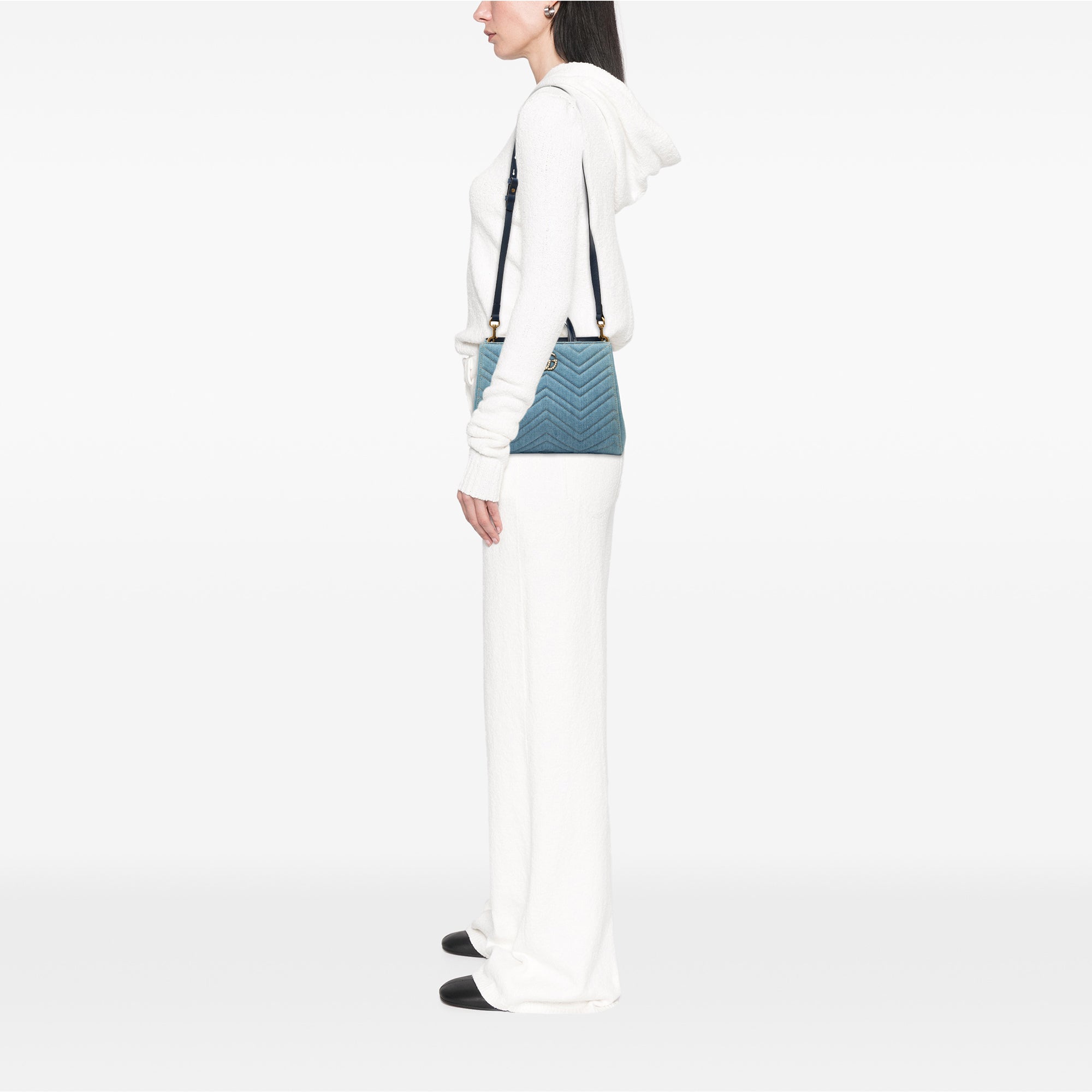 Small GG Marmont Matelasse Denim Pearly Satchel