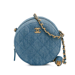 Quilted Denim Pearl Crush Round Clutch with Chain_0