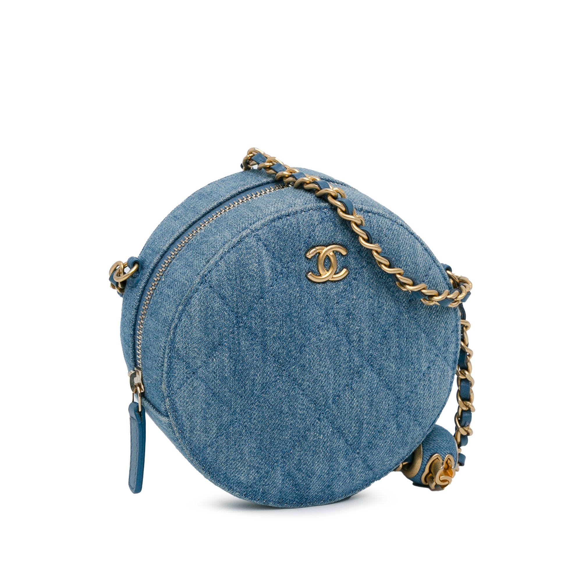 Quilted Denim Pearl Crush Round Clutch with Chain