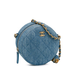 Quilted Denim Pearl Crush Round Clutch with Chain_1