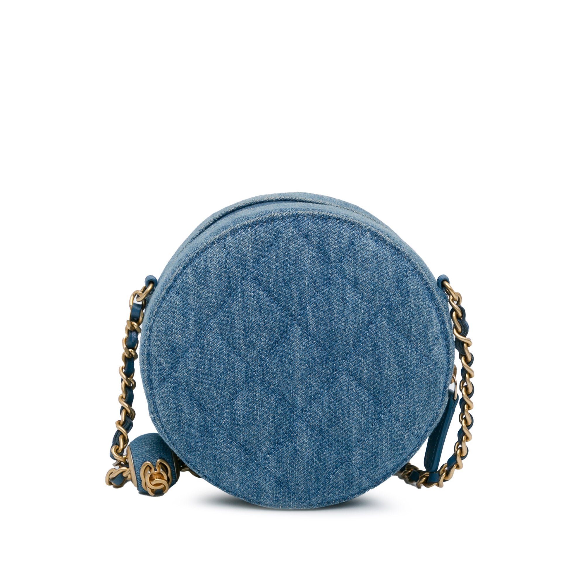 Quilted Denim Pearl Crush Round Clutch with Chain