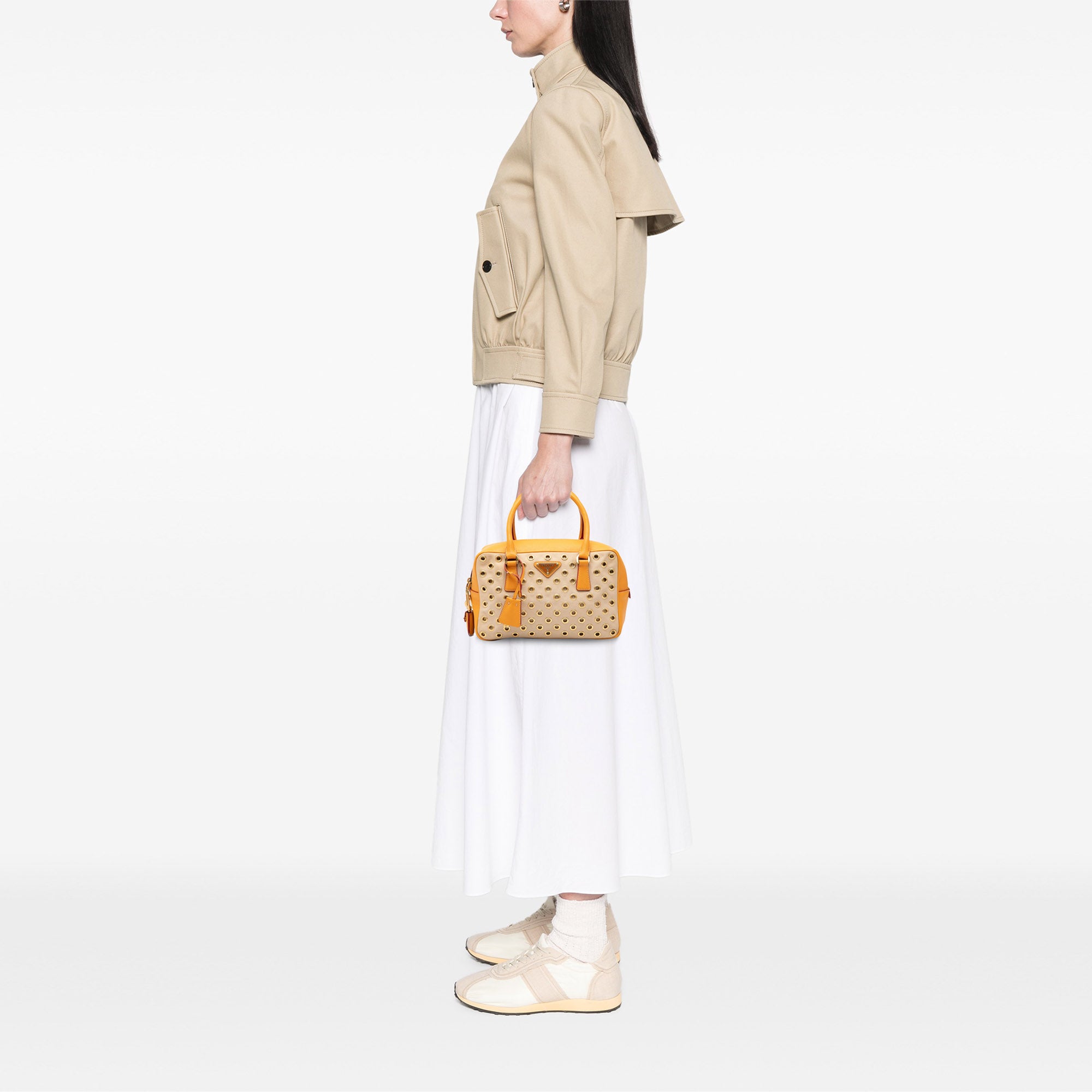 Small Saffiano Trimmed Canvas Grommet Bauletto Bag