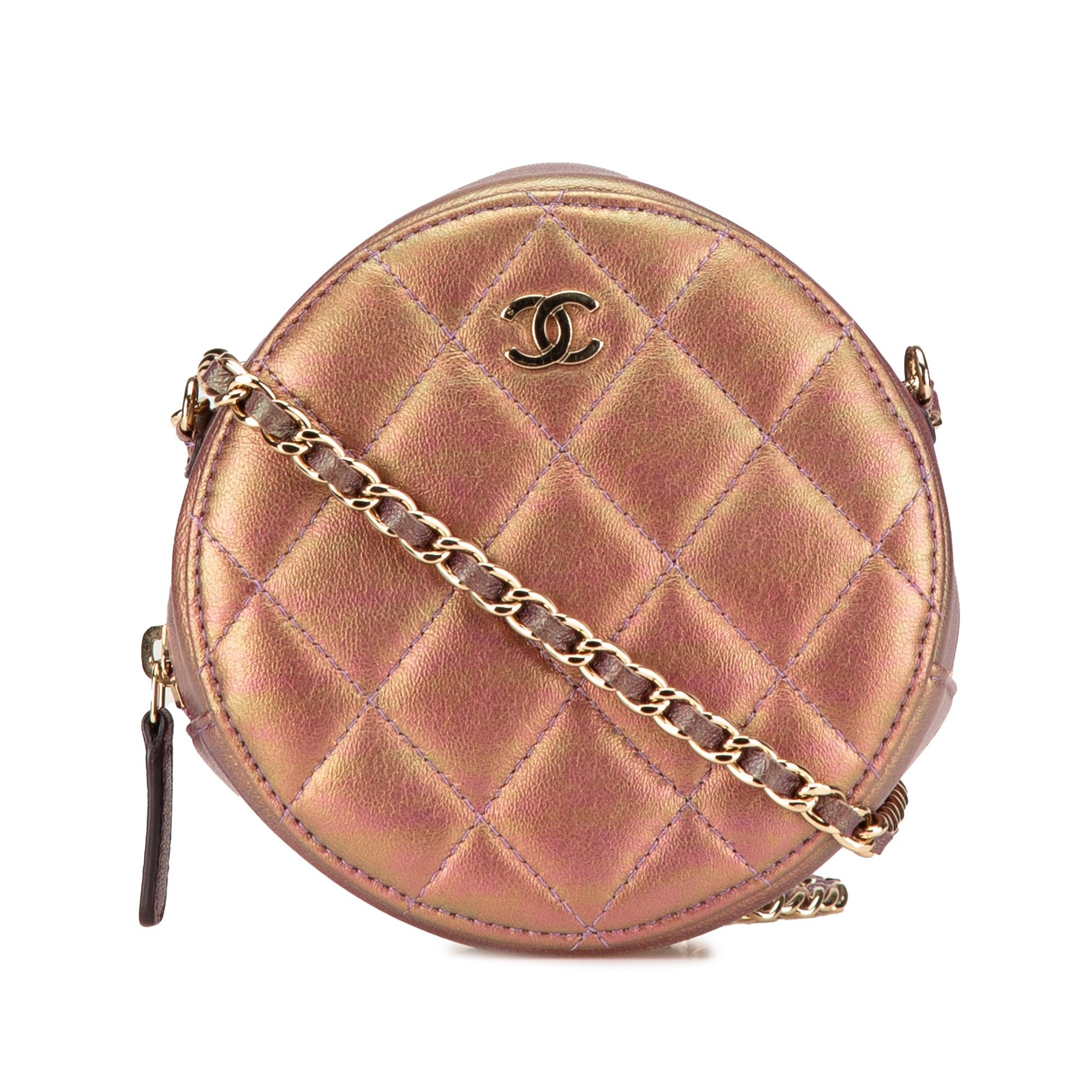 Quilted Iridescent Lambskin Round Clutch With Chain