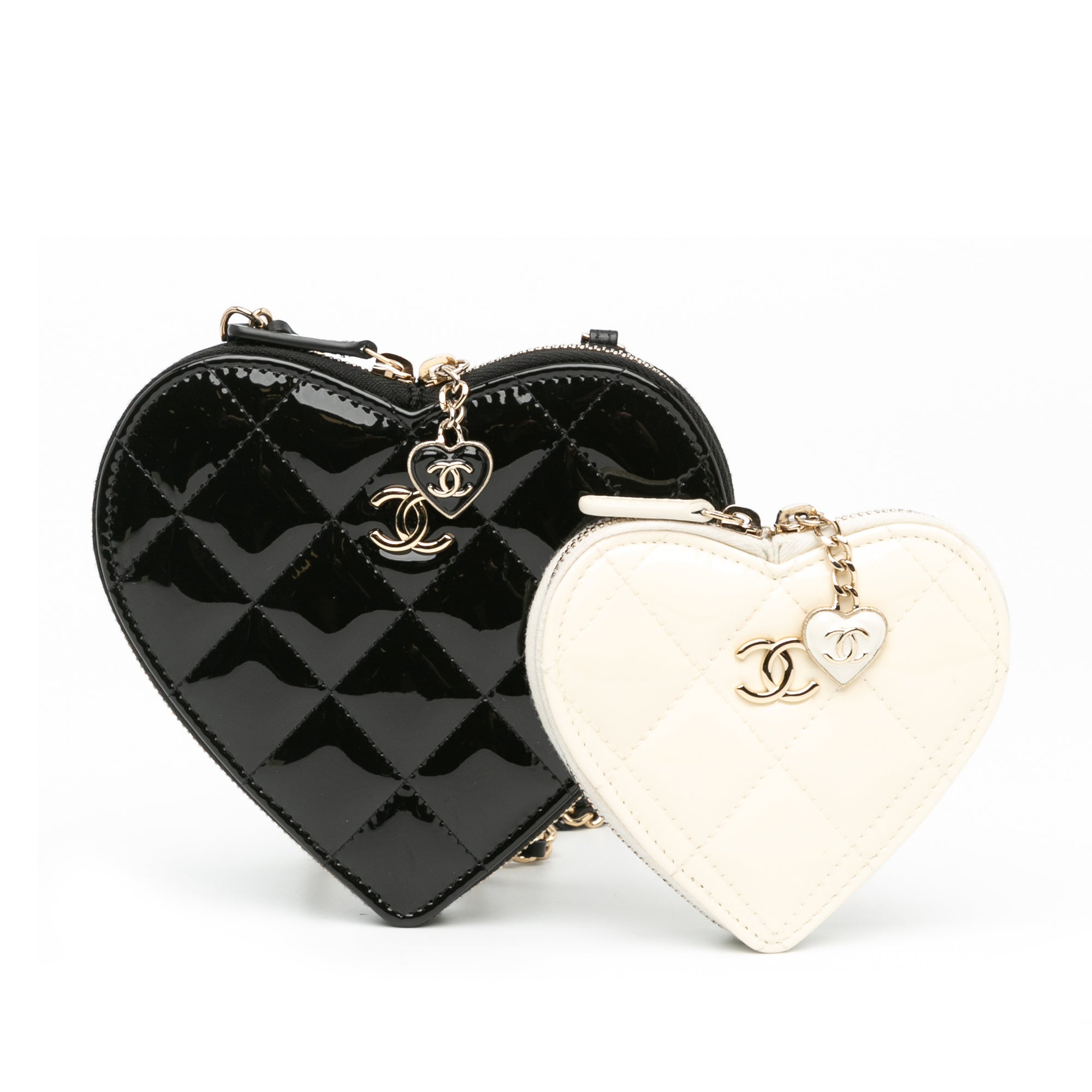 Quilted Patent Calfskin CC Heart Clutch With Chain