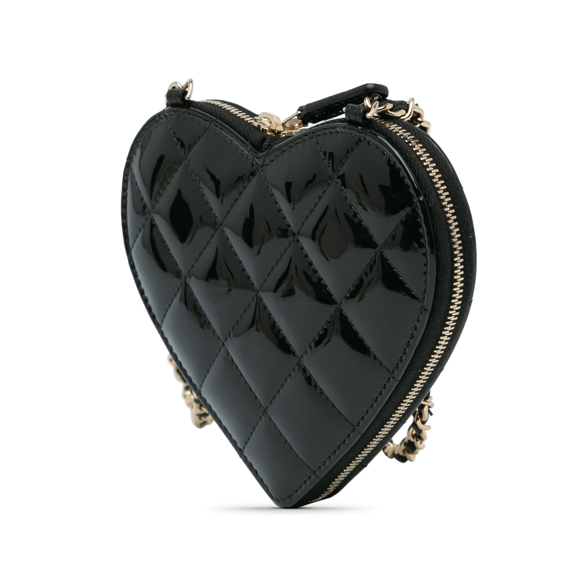 Quilted Patent Calfskin CC Heart Clutch With Chain