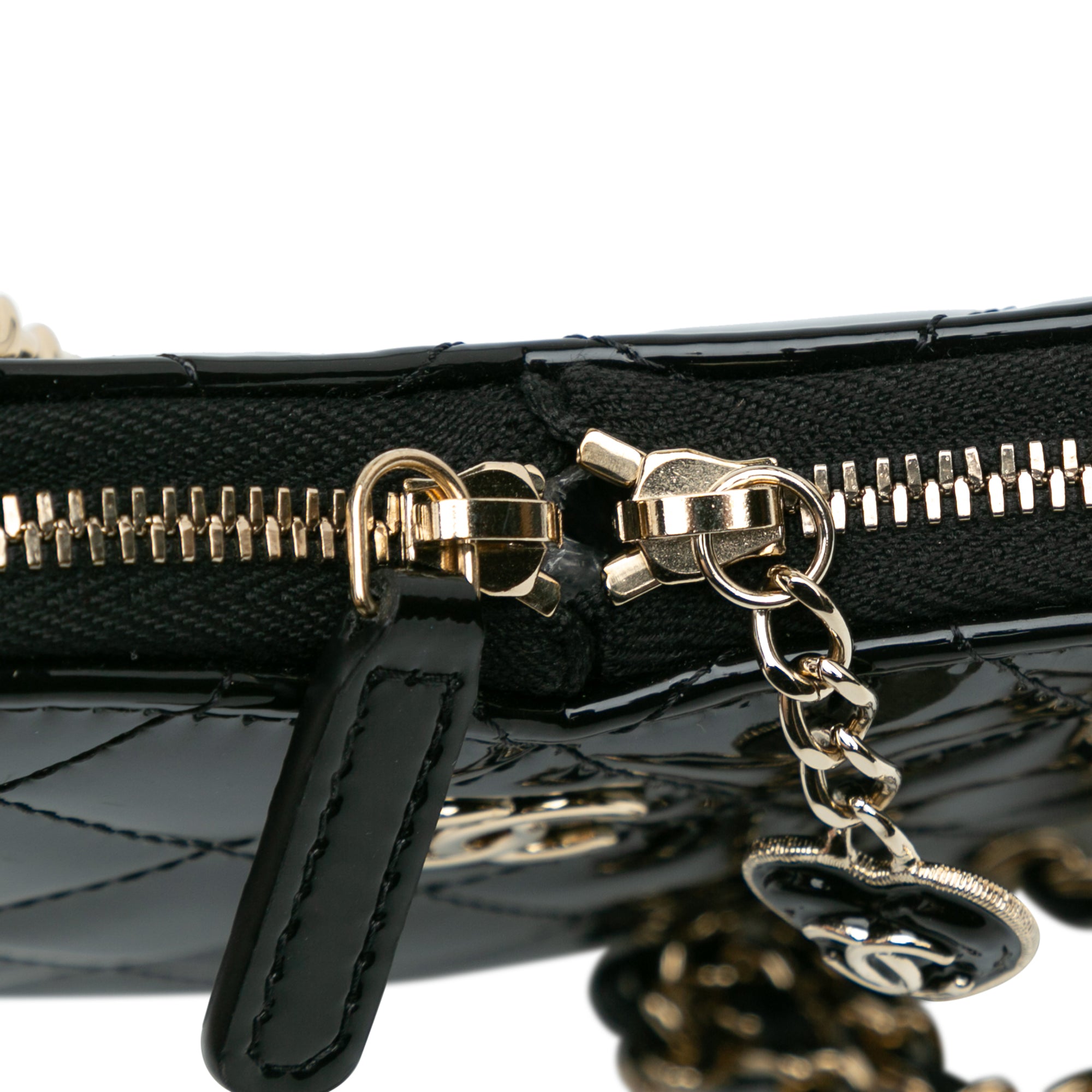 Quilted Patent Calfskin CC Heart Clutch With Chain