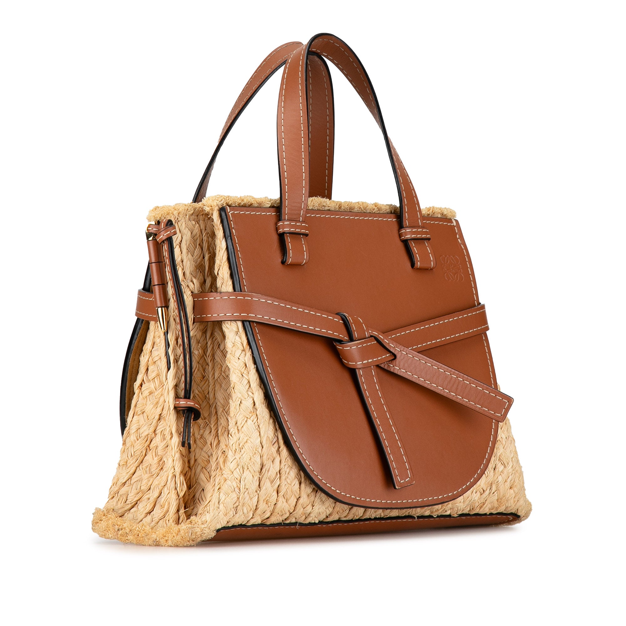 Small Raffia and Leather Gate Top Handle Bag