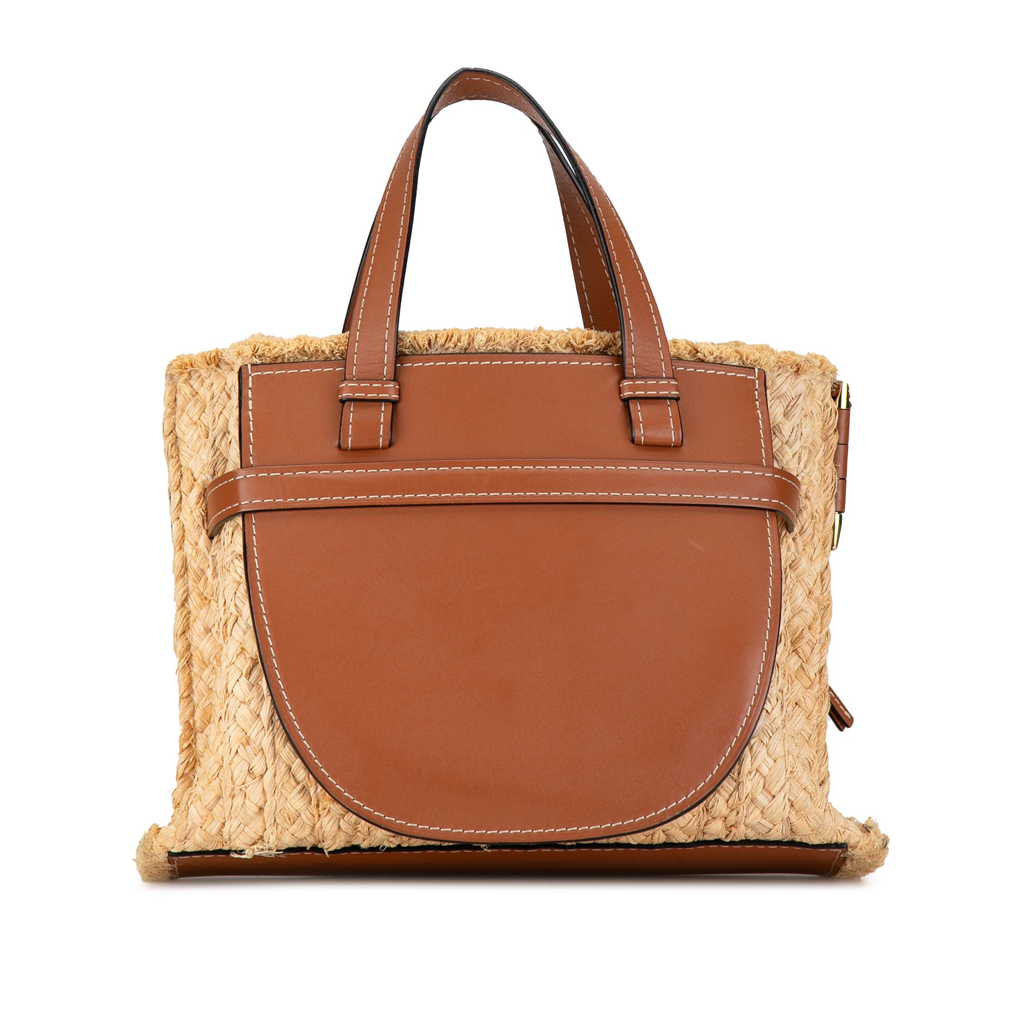 Small Raffia and Leather Gate Top Handle Bag