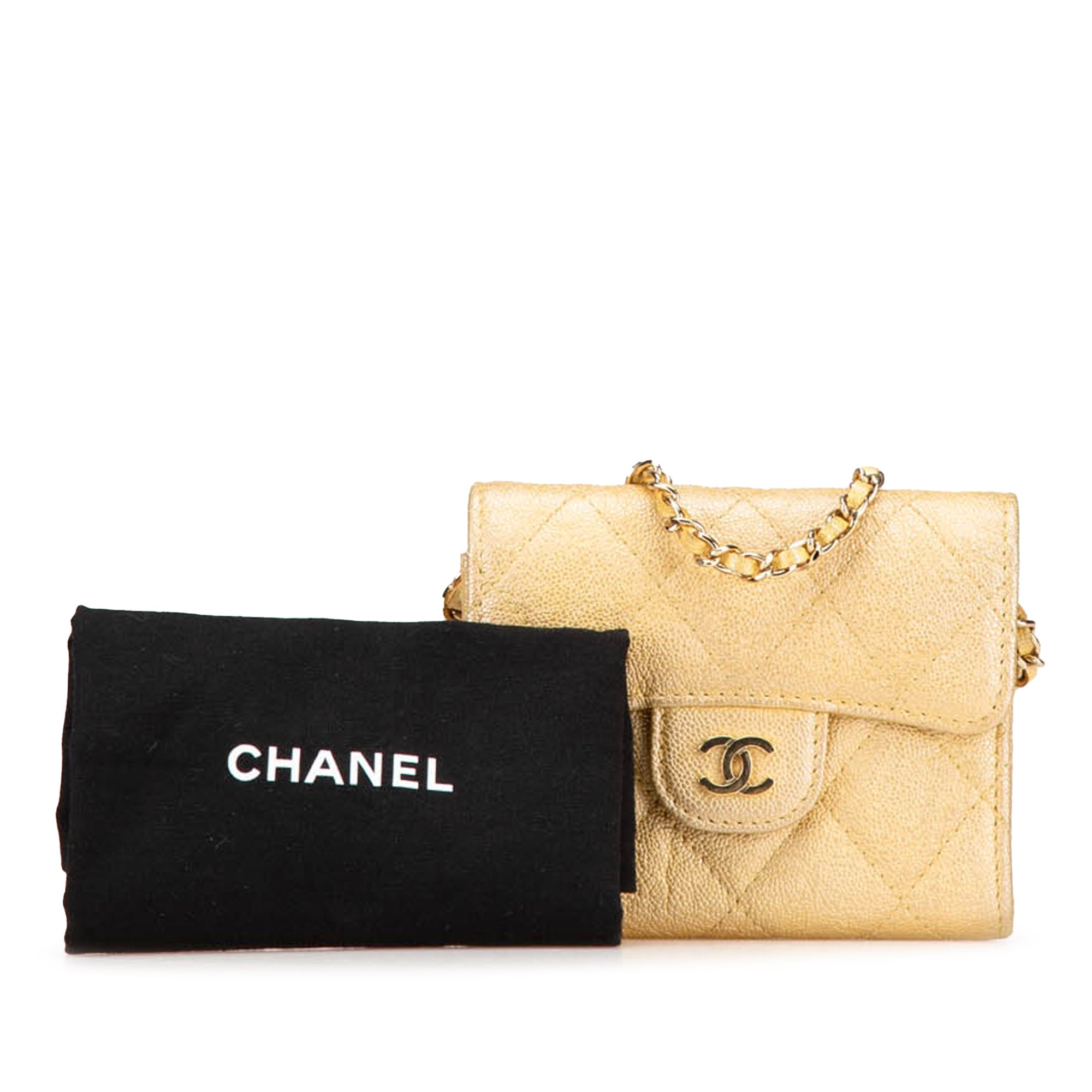CC Quilted Iridescent Caviar Flap Card Holder on Chain