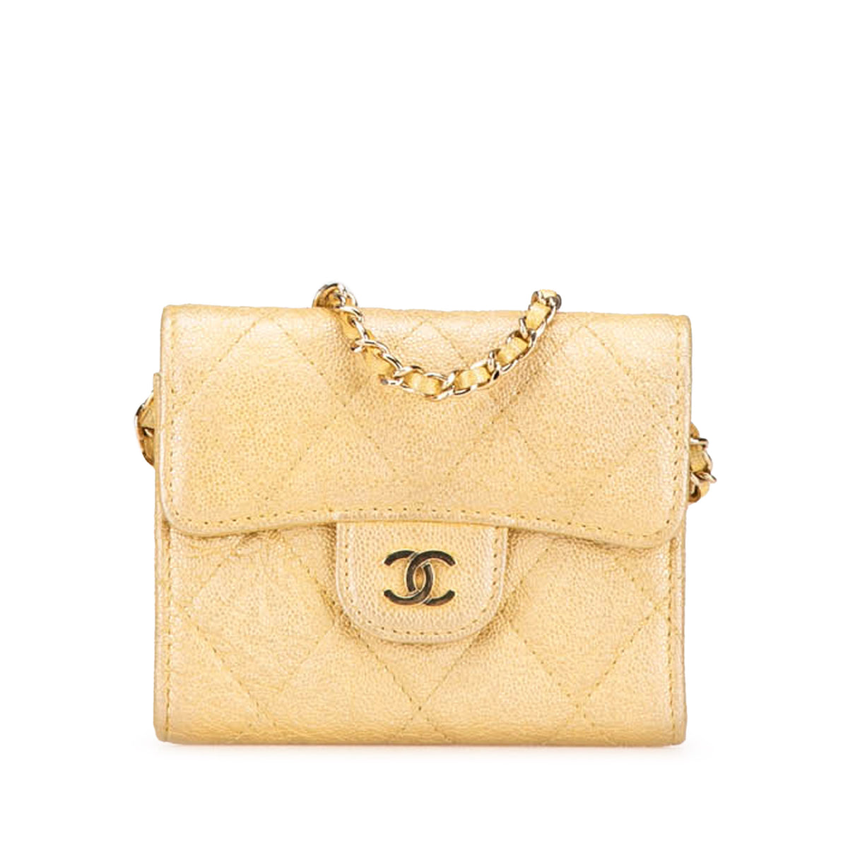 CC Quilted Iridescent Caviar Flap Card Holder on Chain