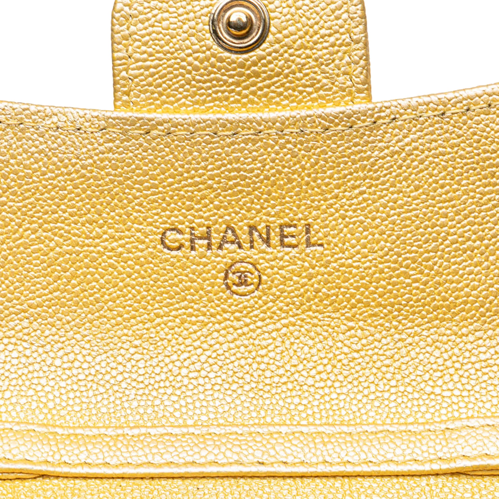 CC Quilted Iridescent Caviar Flap Card Holder on Chain