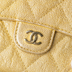 CC Quilted Iridescent Caviar Flap Card Holder on Chain