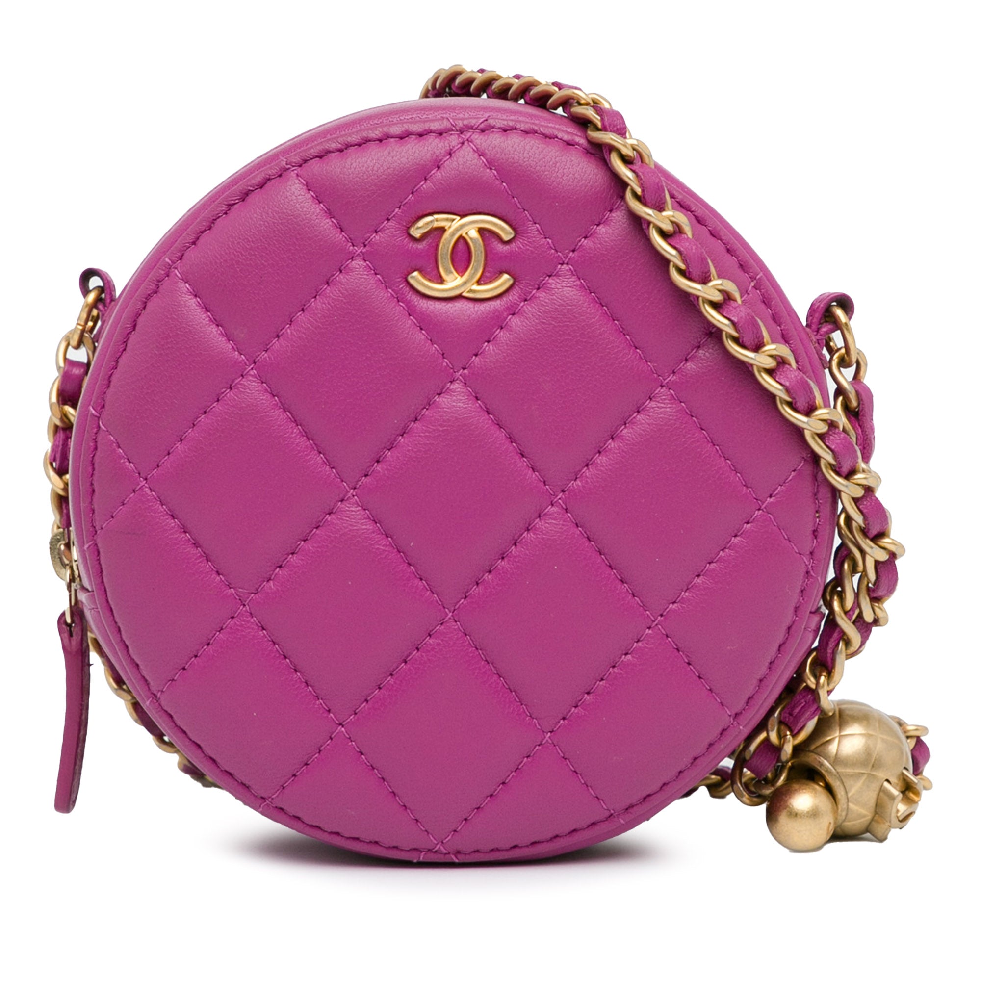 CC Quilted Lambskin Pearl Crush Round Clutch with Chain_0