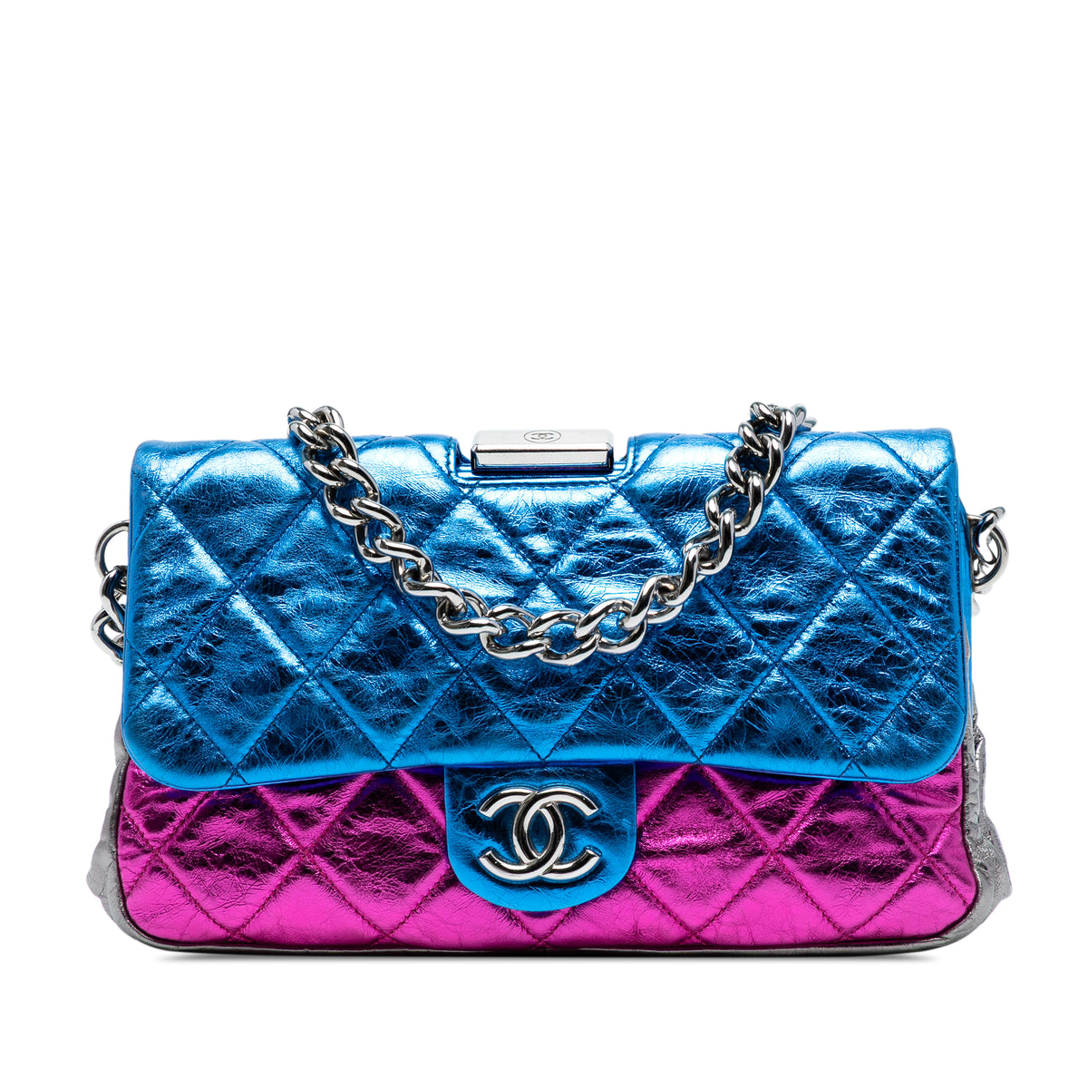 Multicolor Quilted Metallic Calfskin Modern Chain Flap Frame Bag