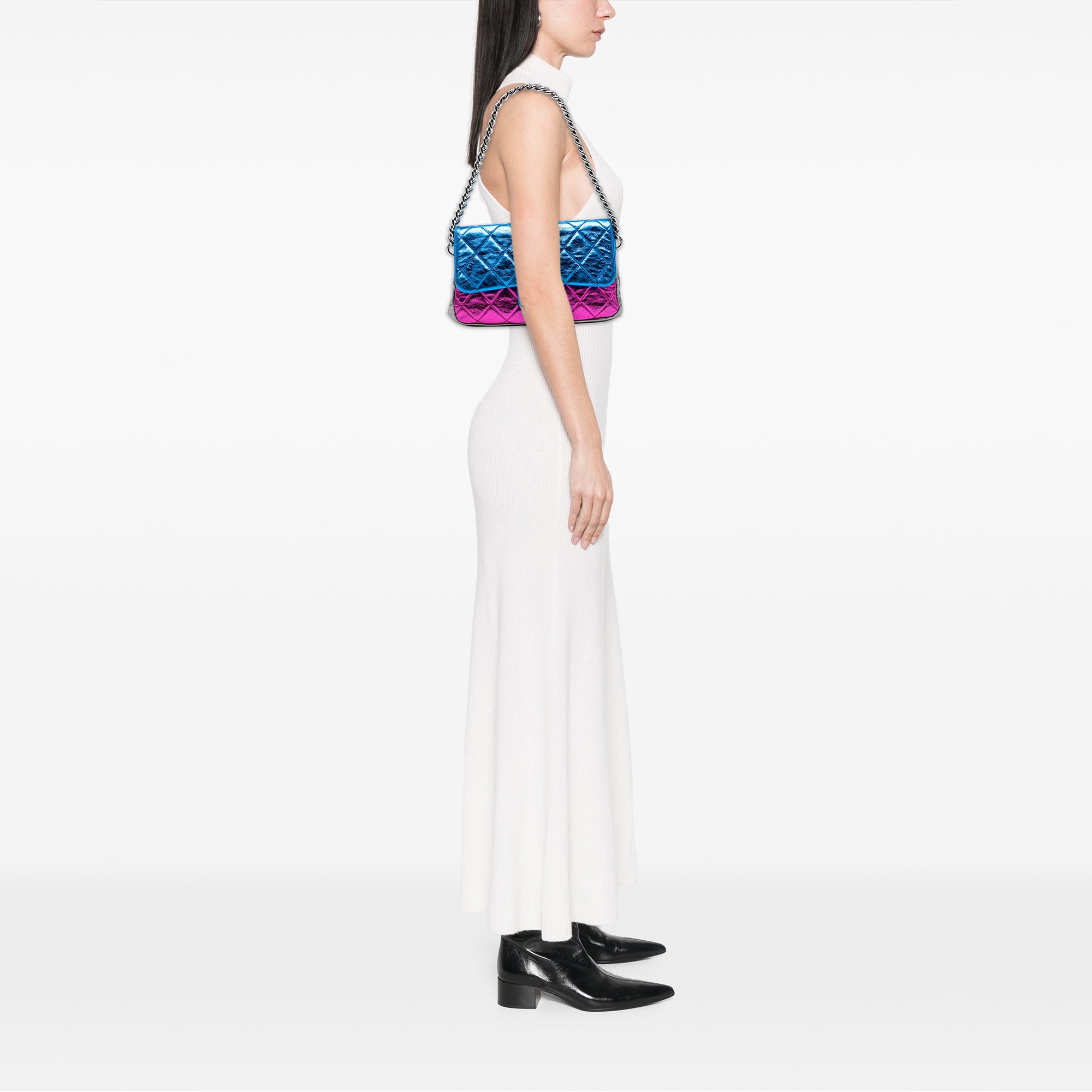 Multicolor Quilted Metallic Calfskin Modern Chain Flap Frame Bag