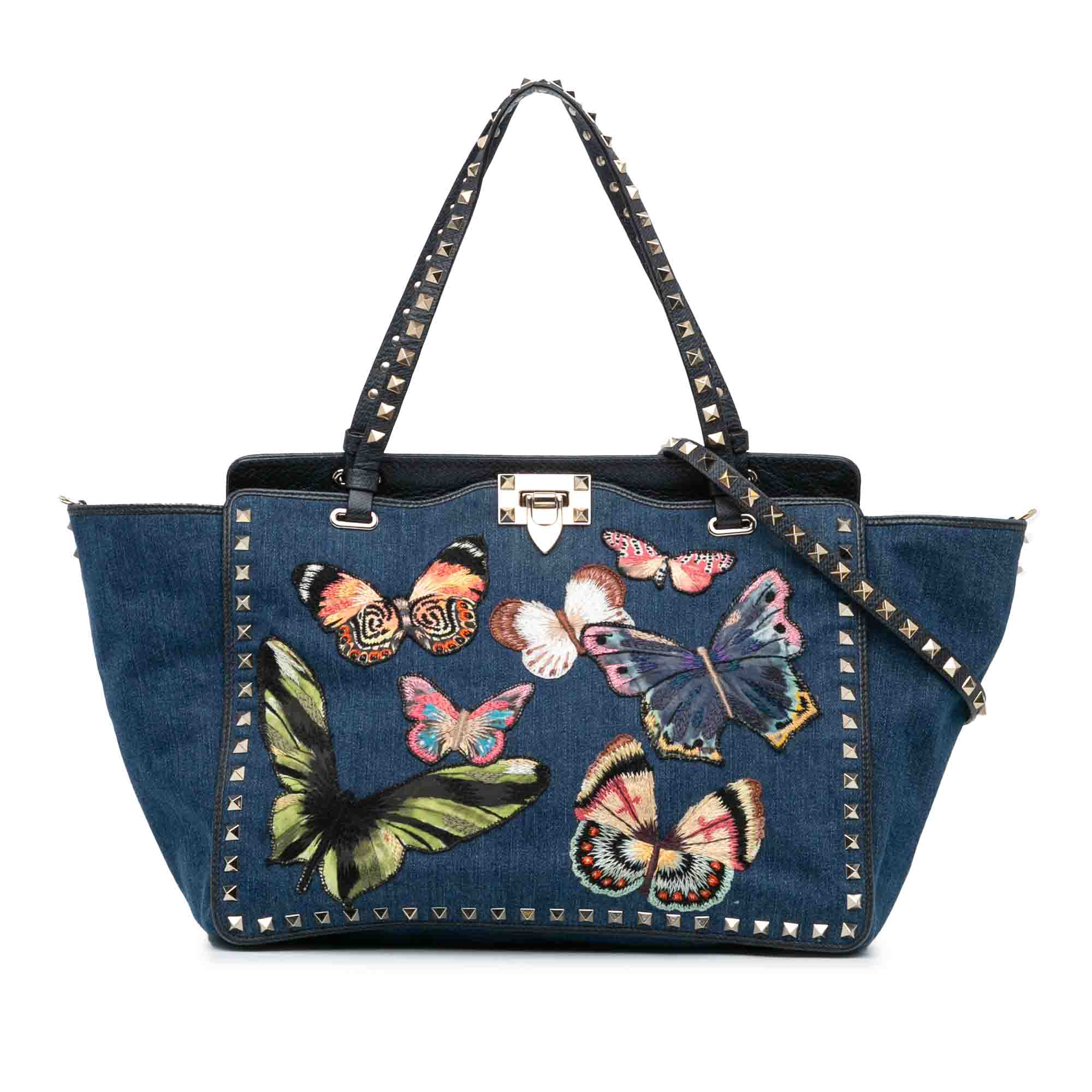 Butterfly Embroidered Denim Rockstud Satchel