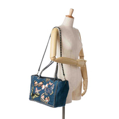 Butterfly Embroidered Denim Rockstud Satchel