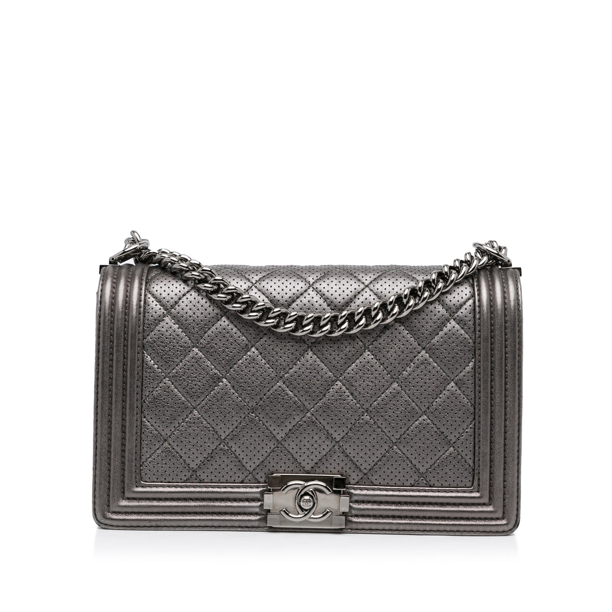Medium Quilted Perforated Metallic Lambskin Boy Flap