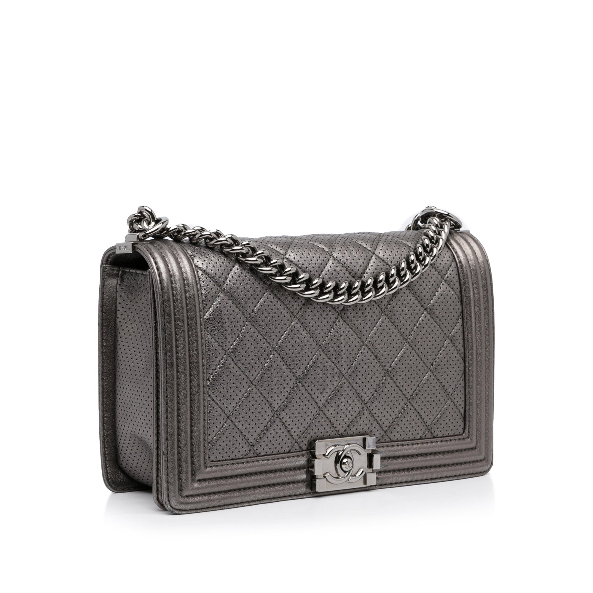 Medium Quilted Perforated Metallic Lambskin Boy Flap