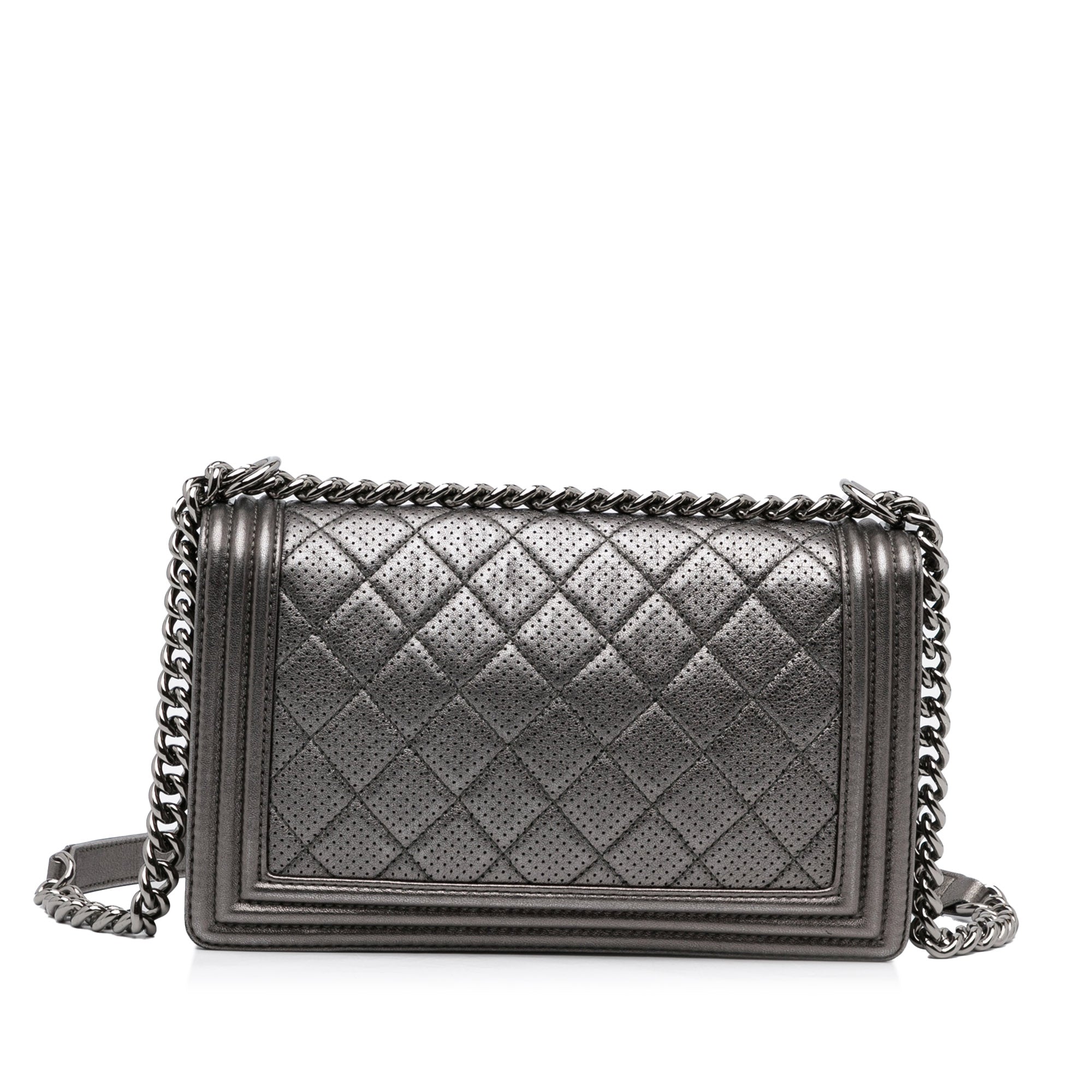 Medium Quilted Perforated Metallic Lambskin Boy Flap