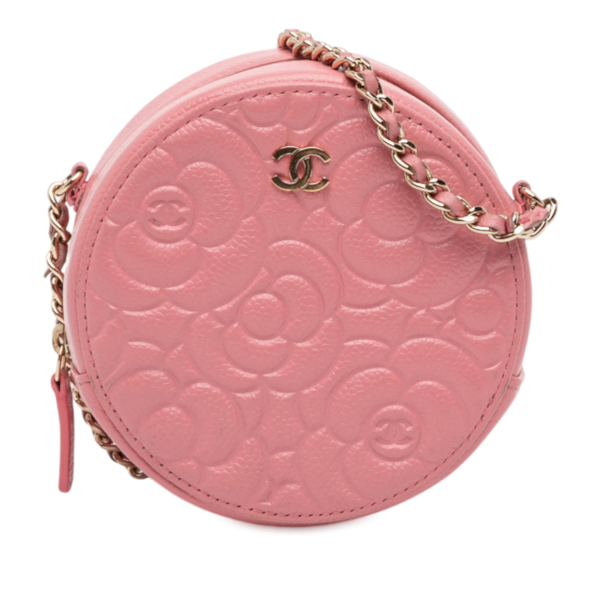 CC Embossed Caviar Camellia Round Clutch With Chain