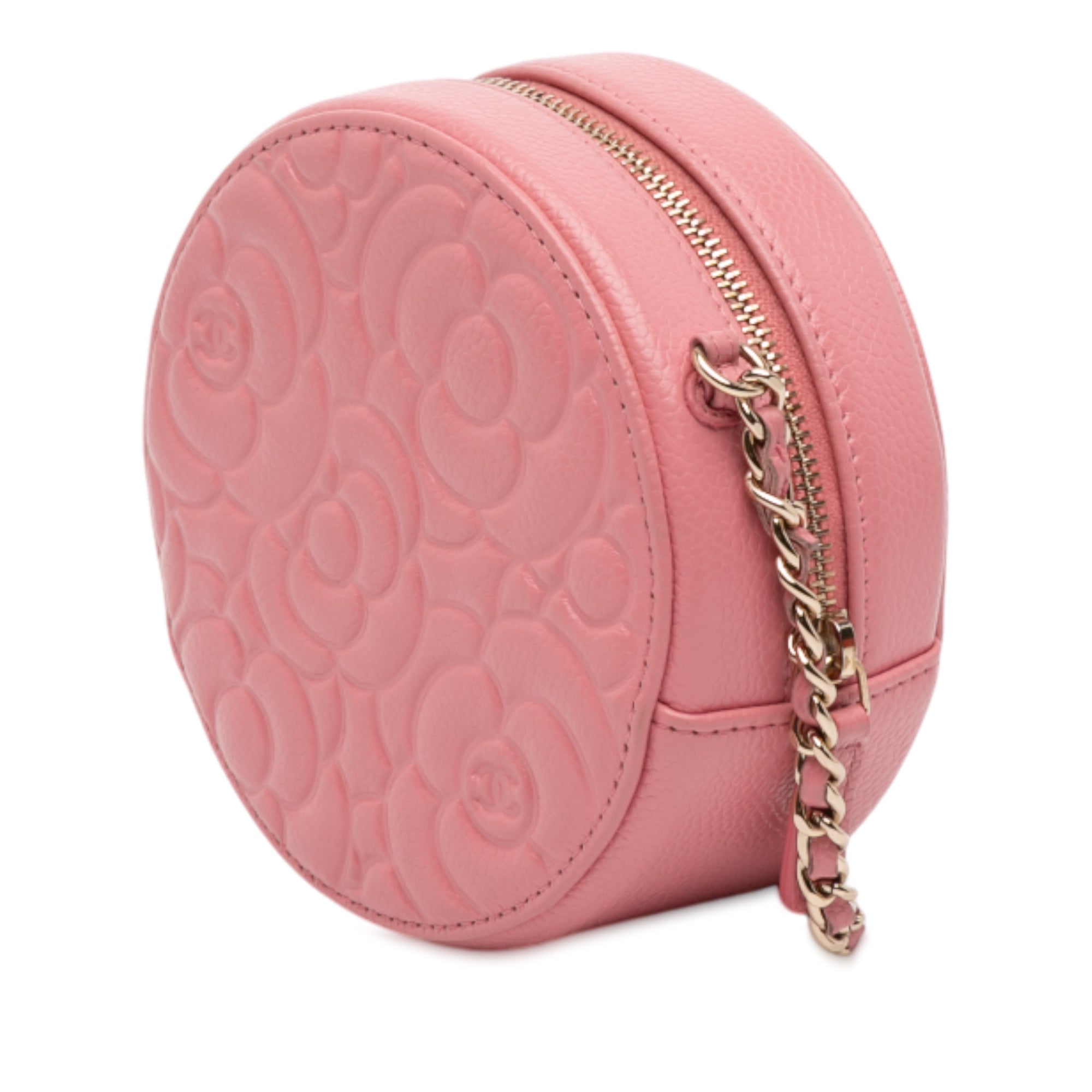 CC Embossed Caviar Camellia Round Clutch With Chain