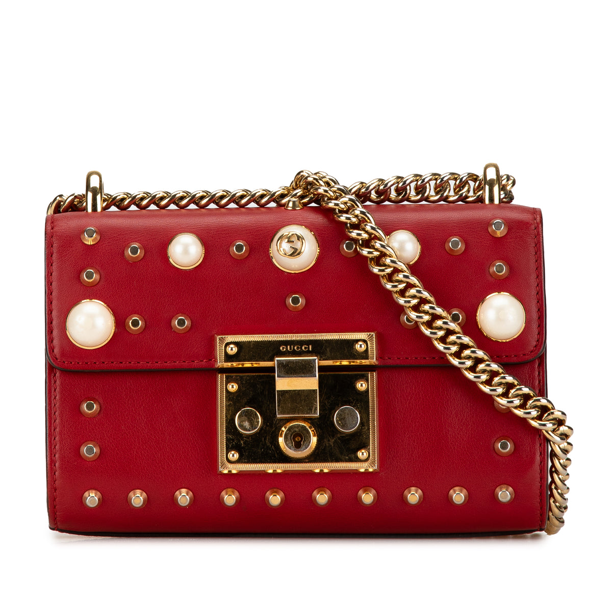 Small Pearl Studded Leather Padlock Crossbody