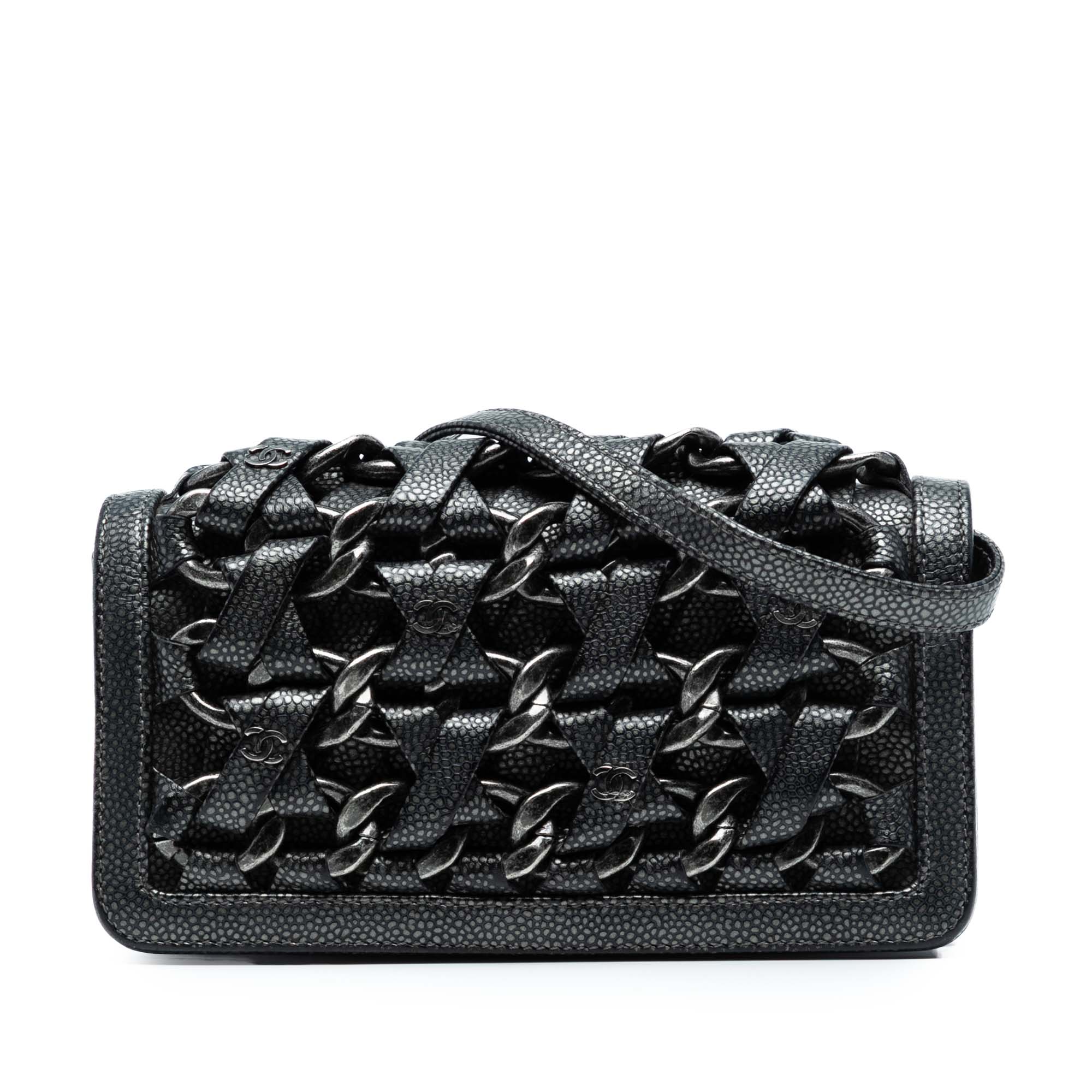 CC Metallic Caviar Interlaced Chain Clutch on Strap