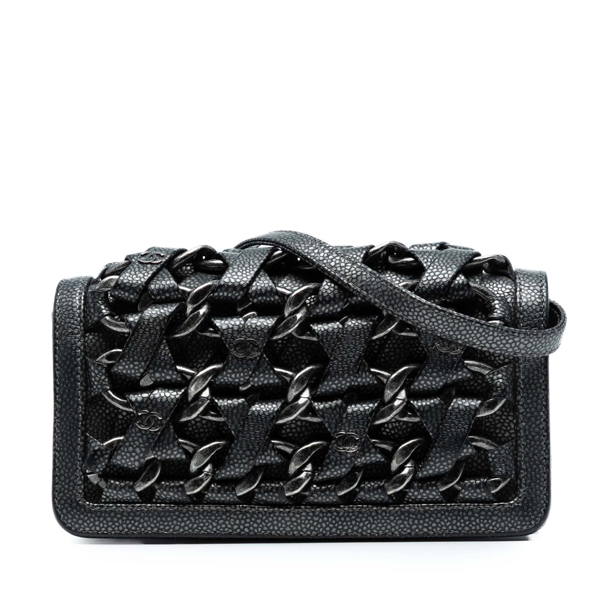 CC Metallic Caviar Interlaced Chain Clutch on Strap