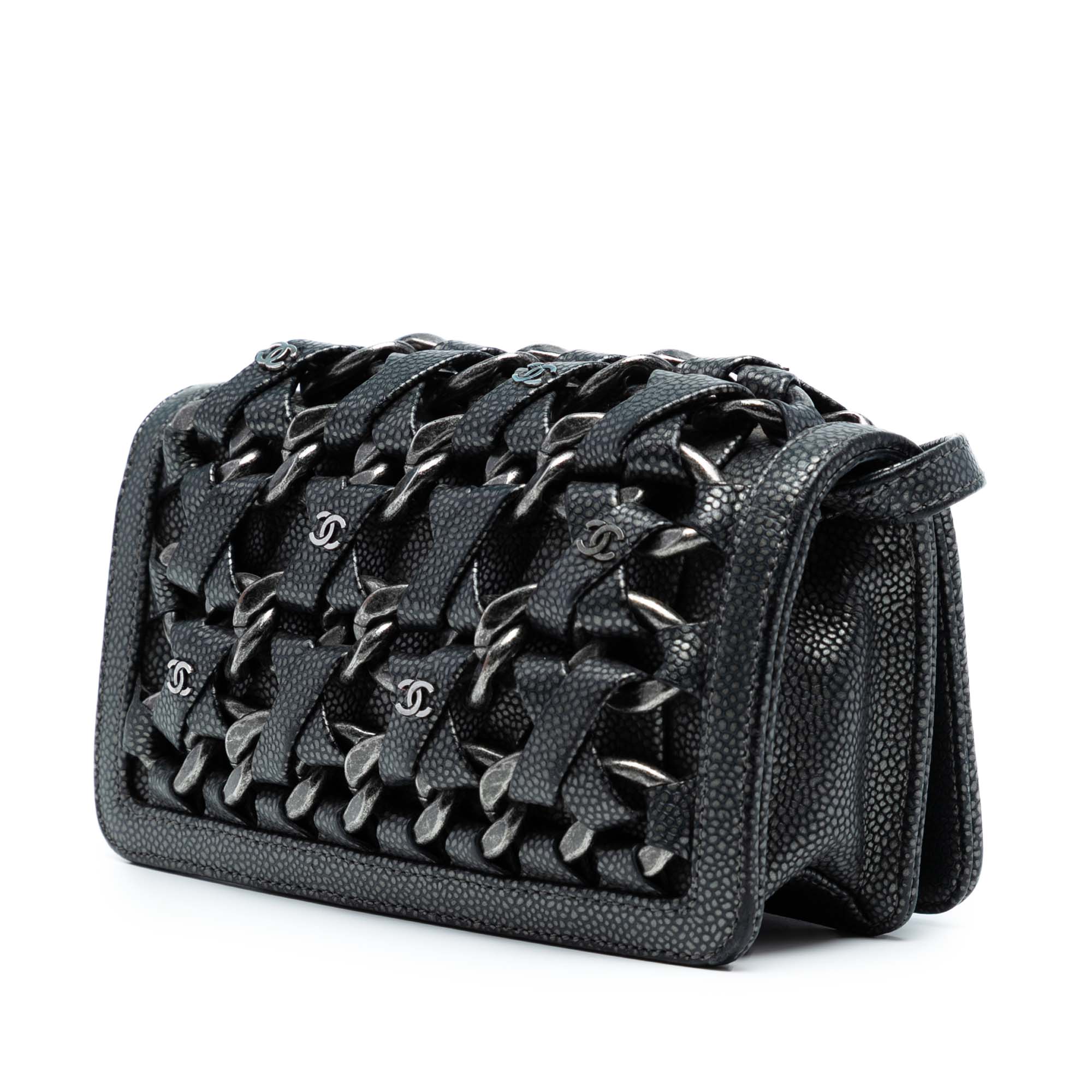 CC Metallic Caviar Interlaced Chain Clutch on Strap