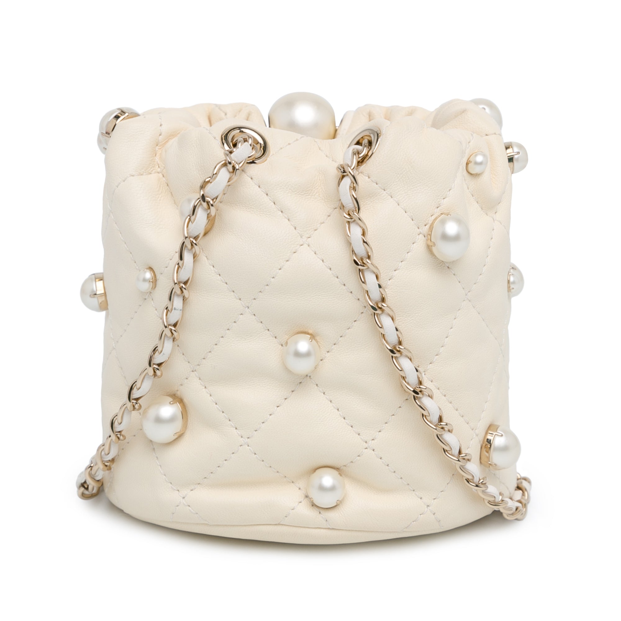 Mini Quilted Lambskin About Pearls Drawstring Bucket Bag_2