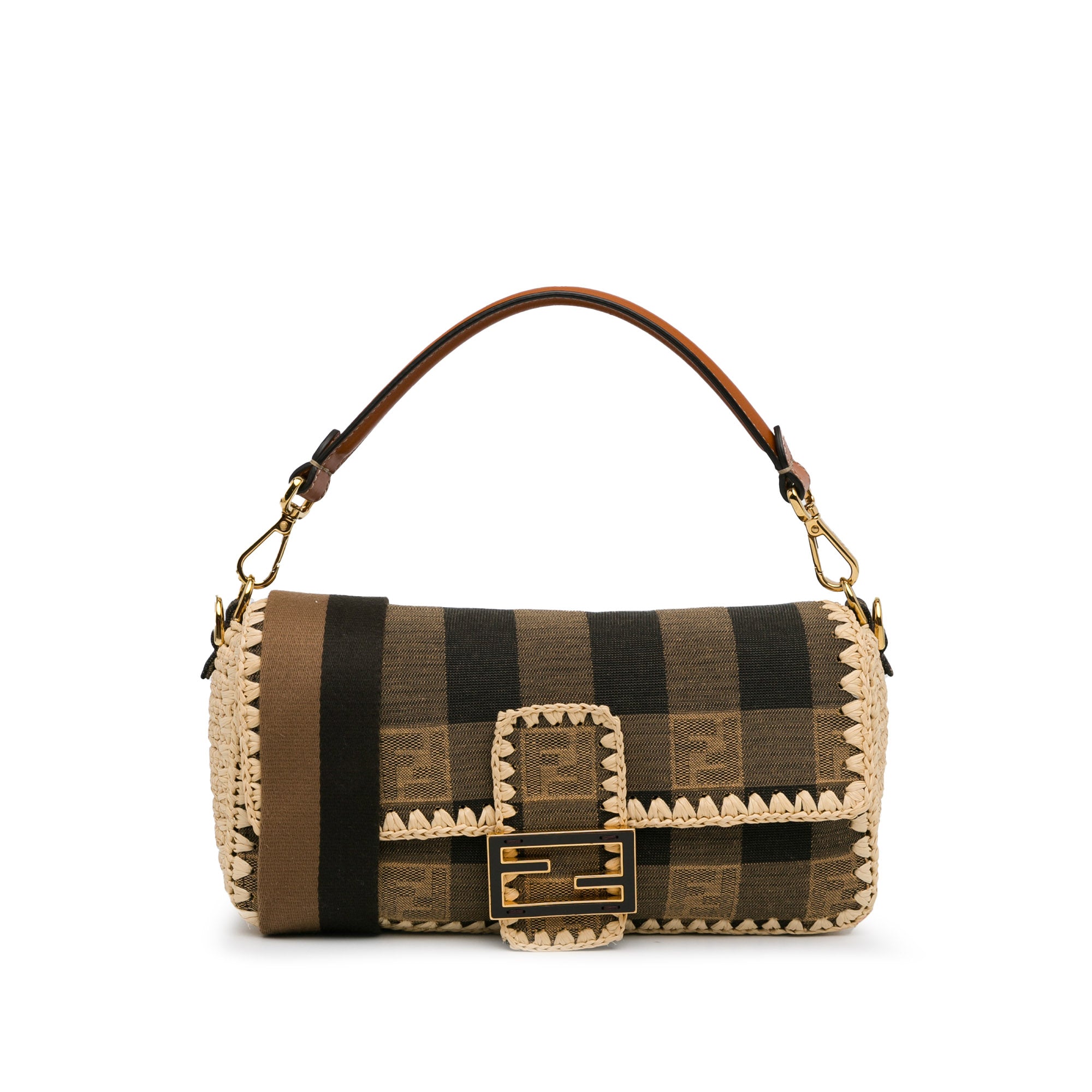 Pequin Gingham Canvas And Raffia Baguette Satchel_0